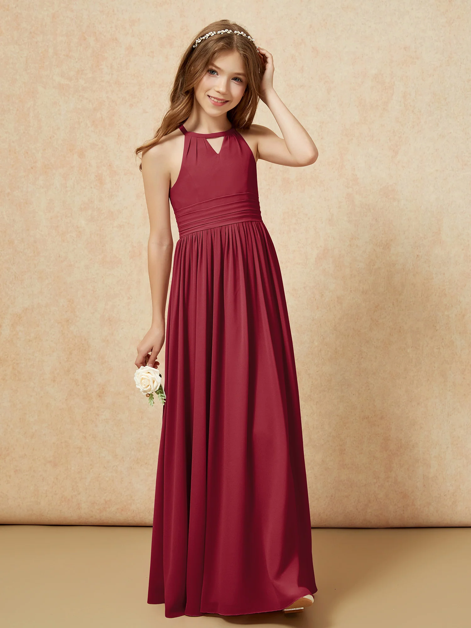 Halter Sleeveless Long Chiffon Junior Bridesmaid Dress Burgundy - Image 4