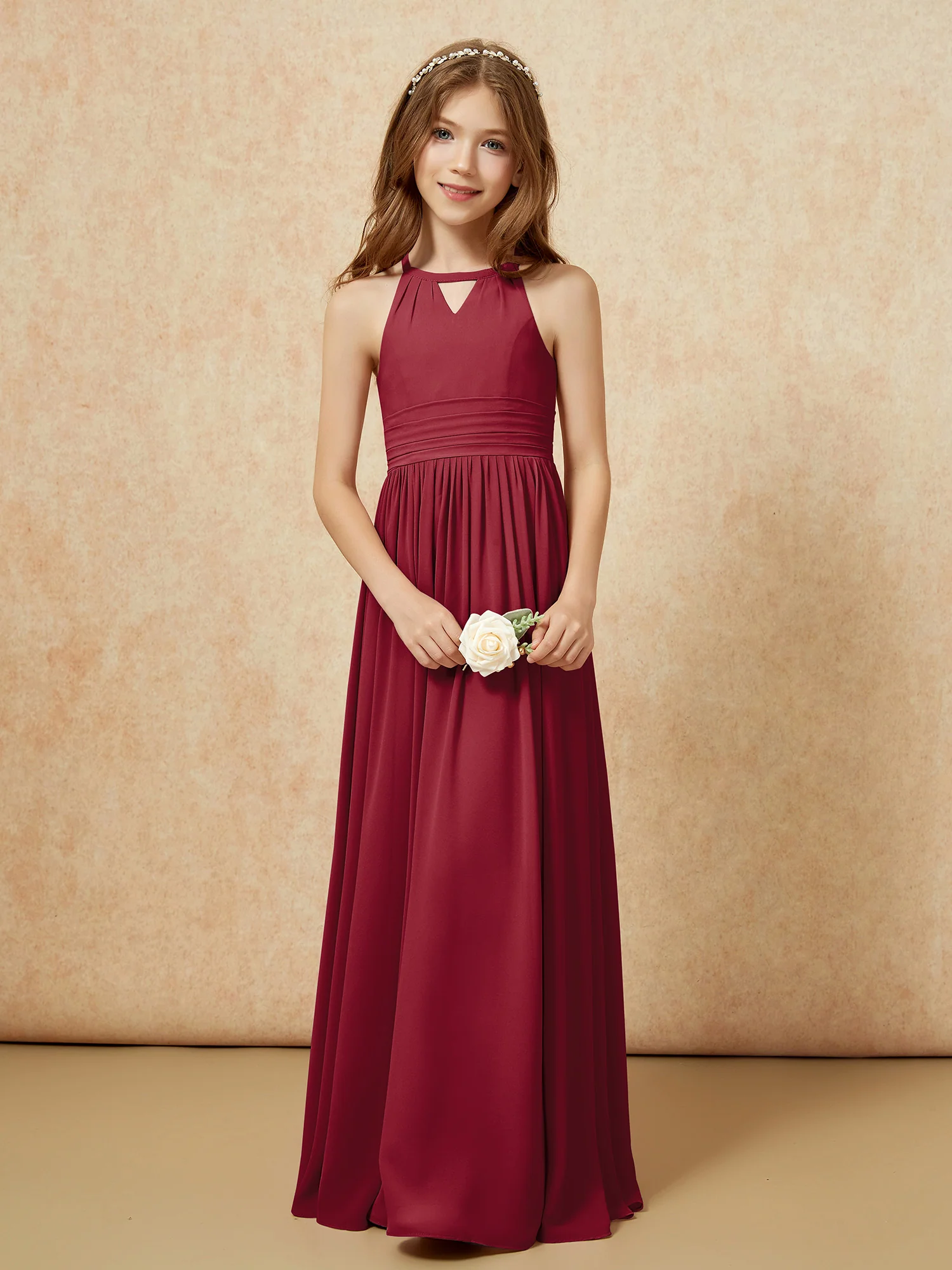 Halter Sleeveless Long Chiffon Junior Bridesmaid Dress Burgundy - Image 5