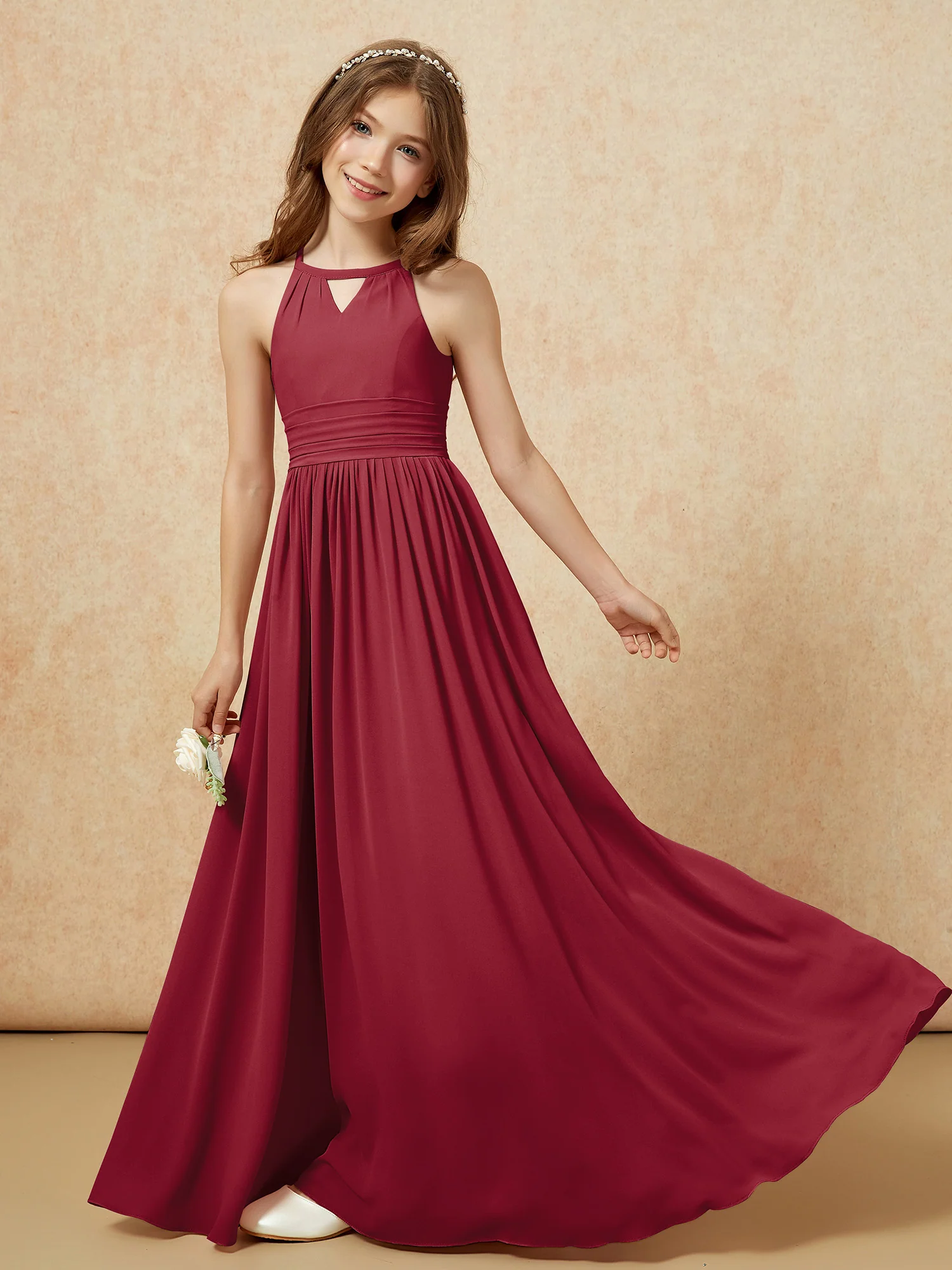 Halter Sleeveless Long Chiffon Junior Bridesmaid Dress Burgundy - Image 6