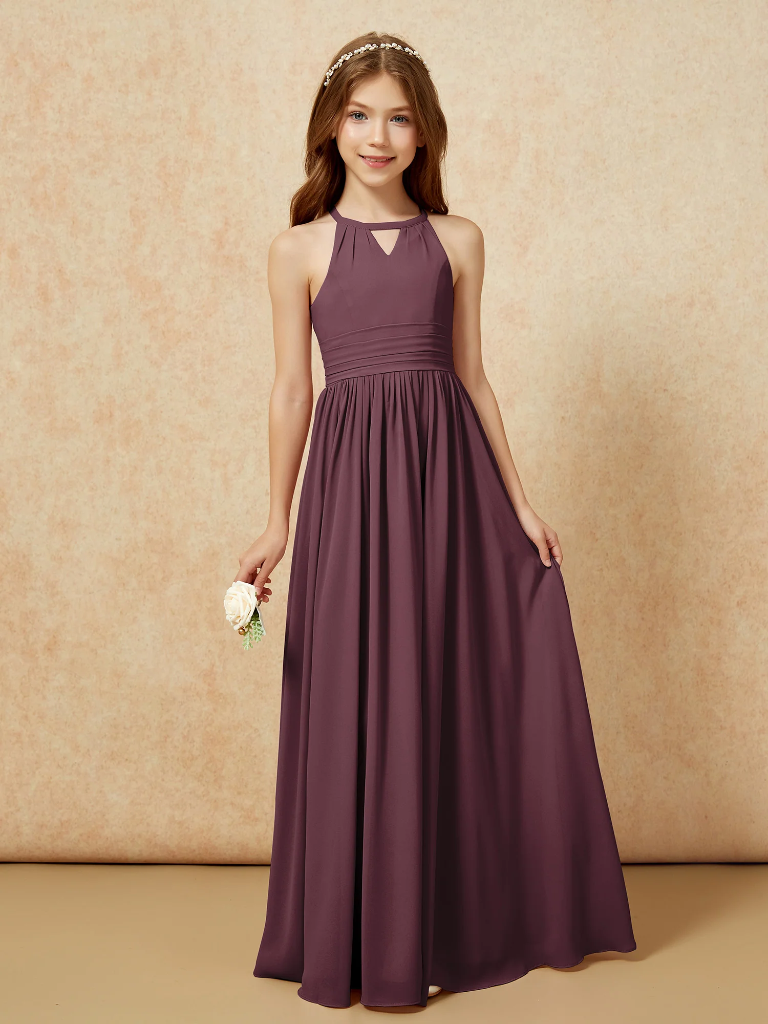 Halter Sleeveless Long Chiffon Junior Bridesmaid Dress Cabernet