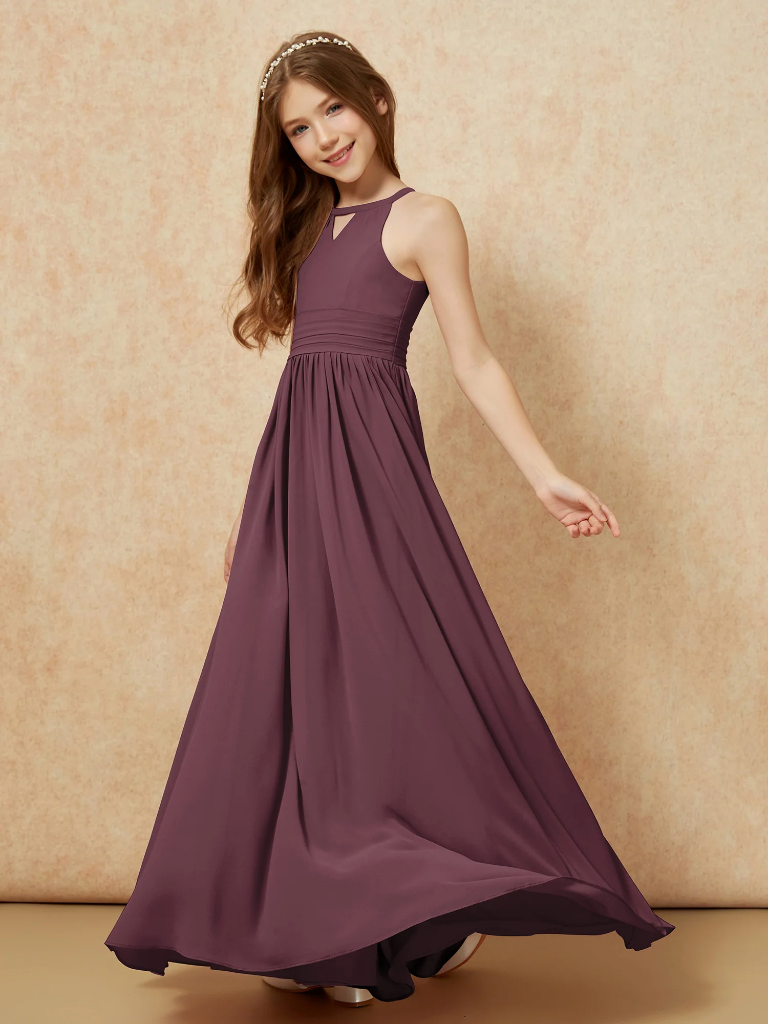 Halter Sleeveless Long Chiffon Junior Bridesmaid Dress Cabernet - Image 3