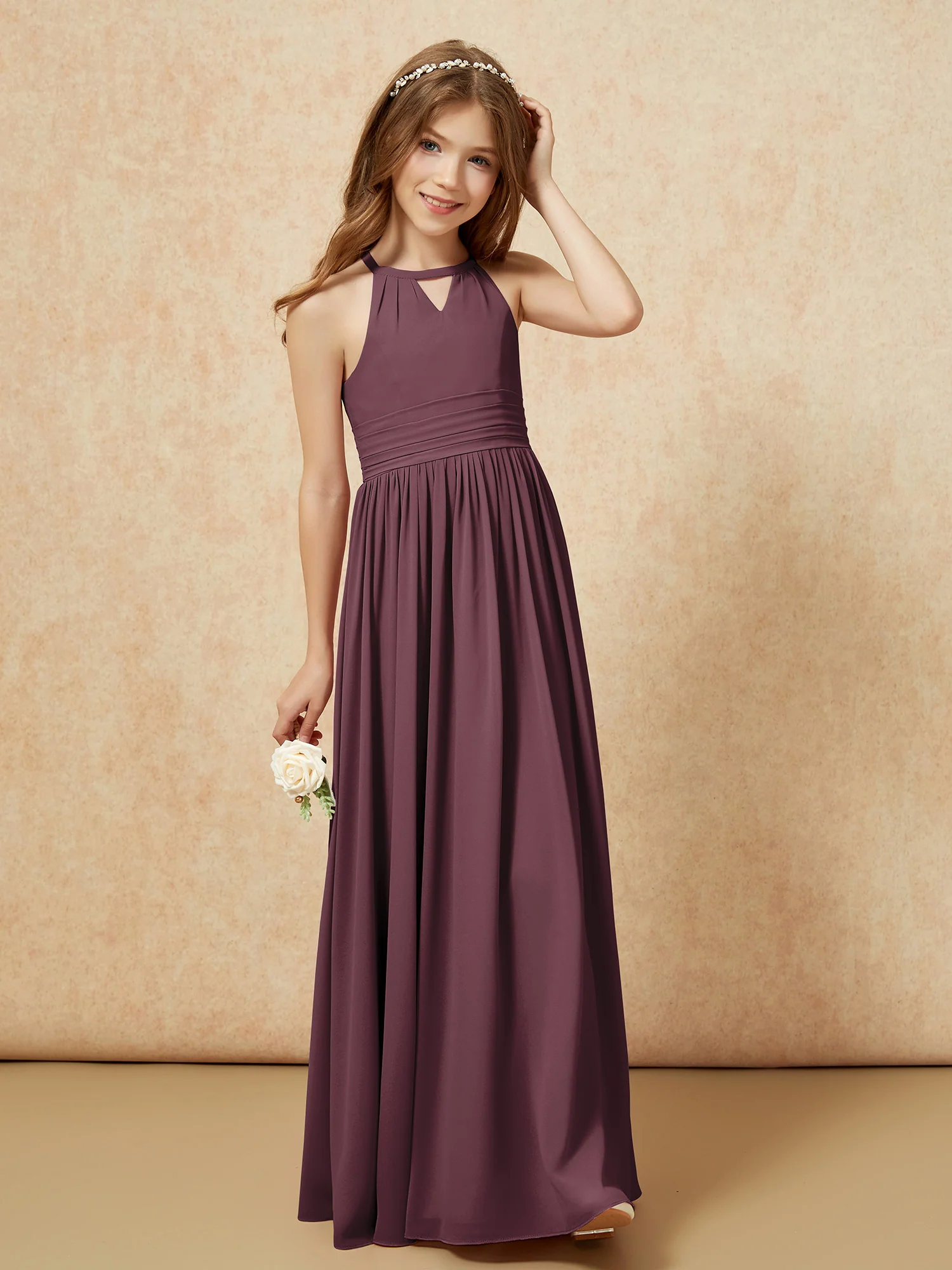 Halter Sleeveless Long Chiffon Junior Bridesmaid Dress Cabernet - Image 4