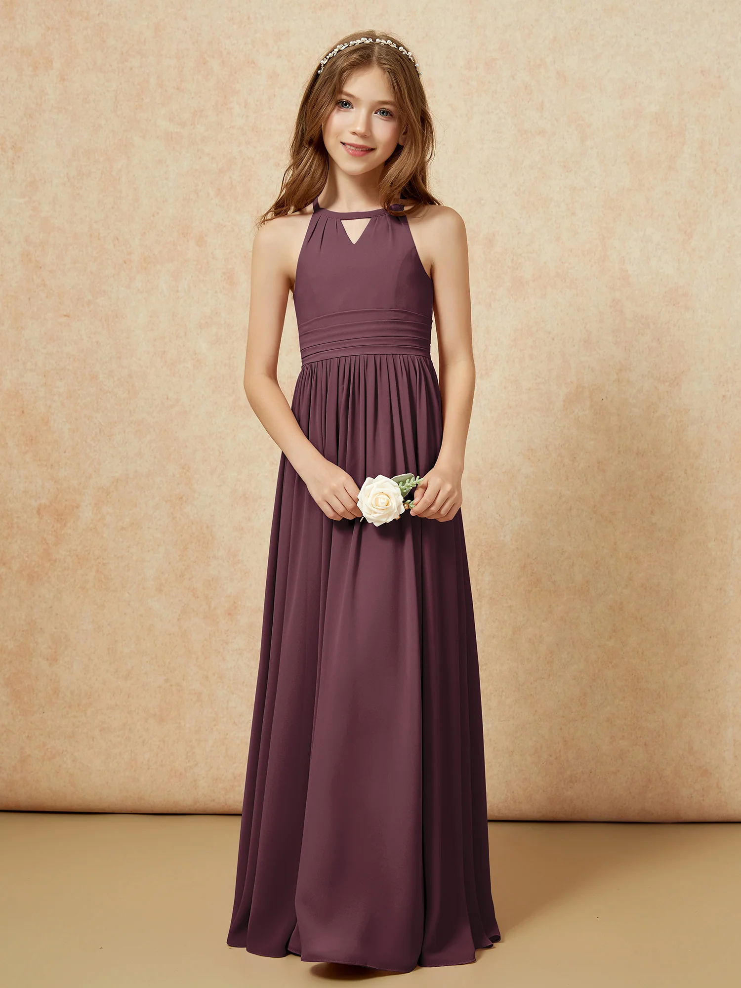 Halter Sleeveless Long Chiffon Junior Bridesmaid Dress Cabernet - Image 5