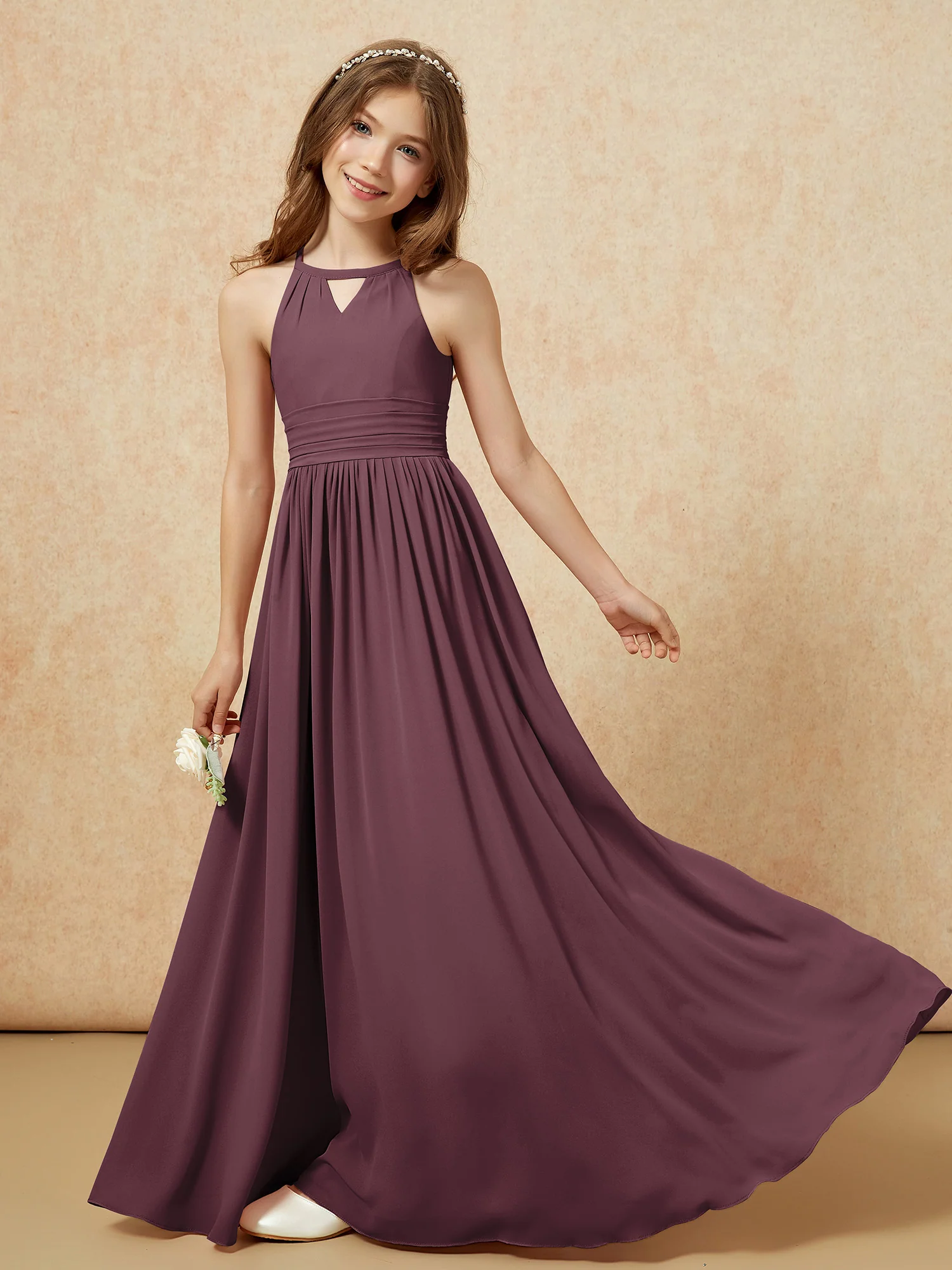 Halter Sleeveless Long Chiffon Junior Bridesmaid Dress Cabernet - Image 6