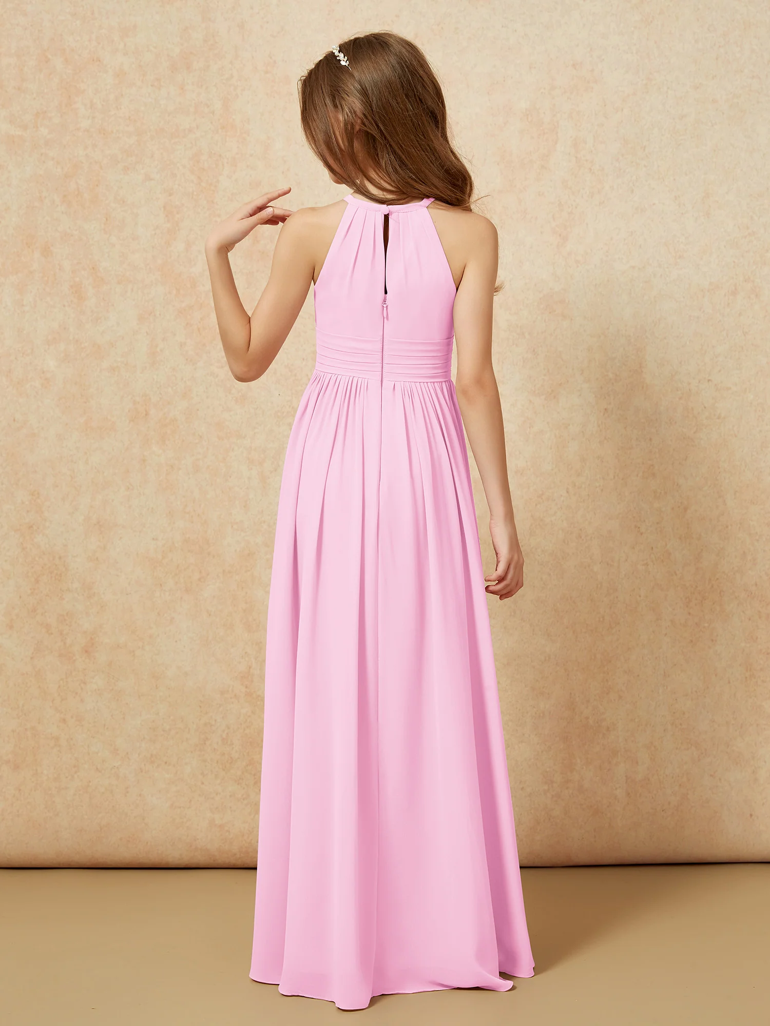 Halter Sleeveless Long Chiffon Junior Bridesmaid Dress Candy Pink - Image 2