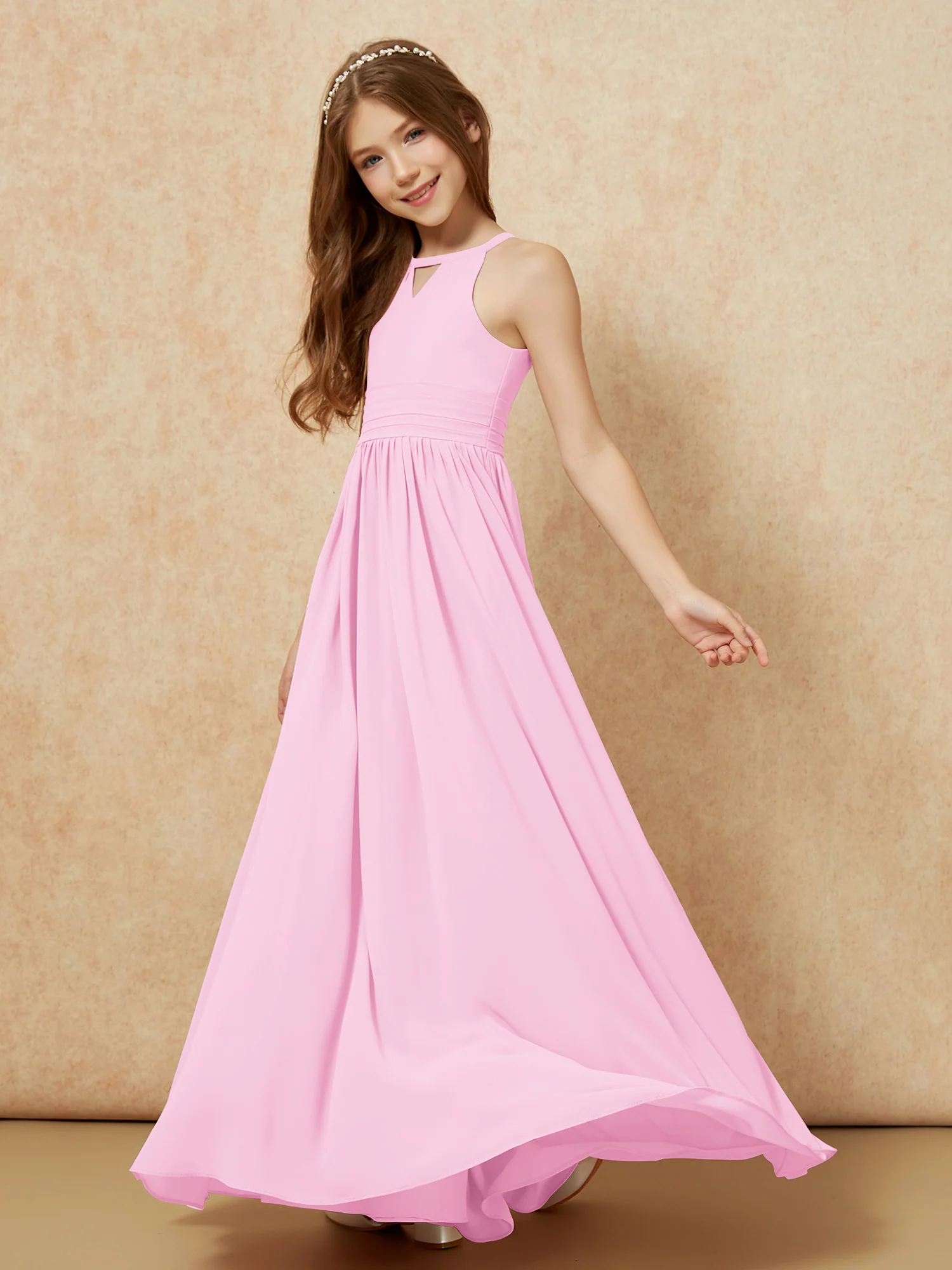 Halter Sleeveless Long Chiffon Junior Bridesmaid Dress Candy Pink - Image 3