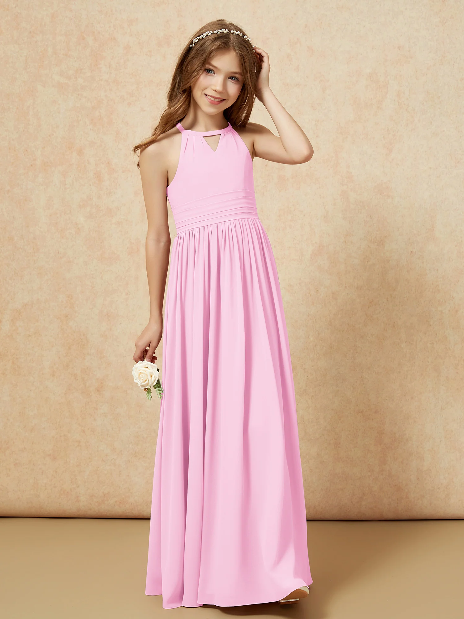 Halter Sleeveless Long Chiffon Junior Bridesmaid Dress Candy Pink - Image 4