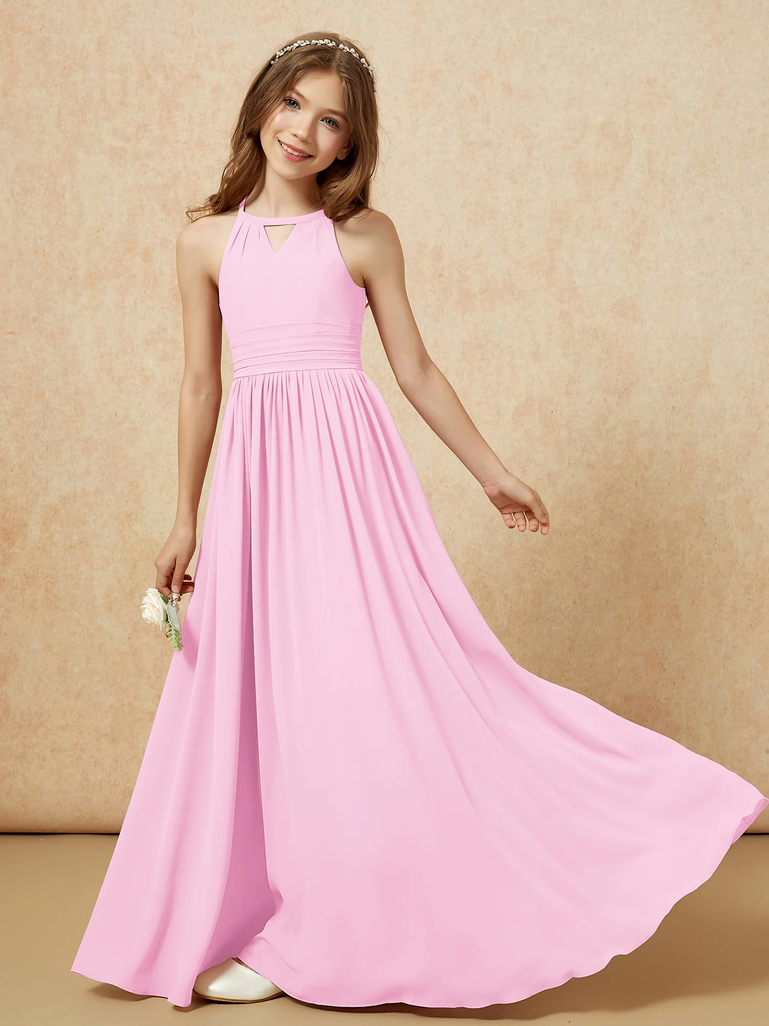 Halter Sleeveless Long Chiffon Junior Bridesmaid Dress Candy Pink - Image 6