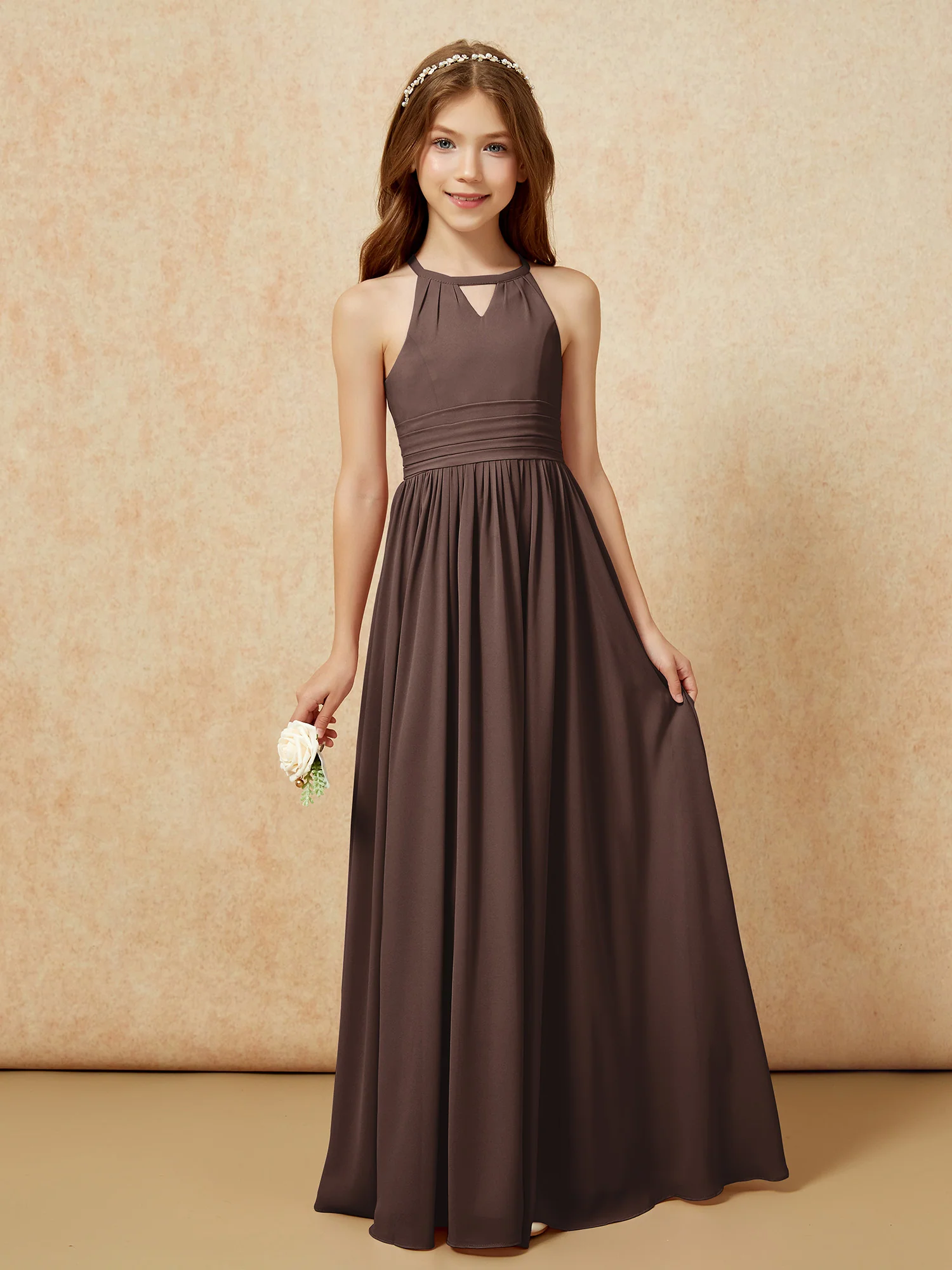 Halter Sleeveless Long Chiffon Junior Bridesmaid Dress Chocolate
