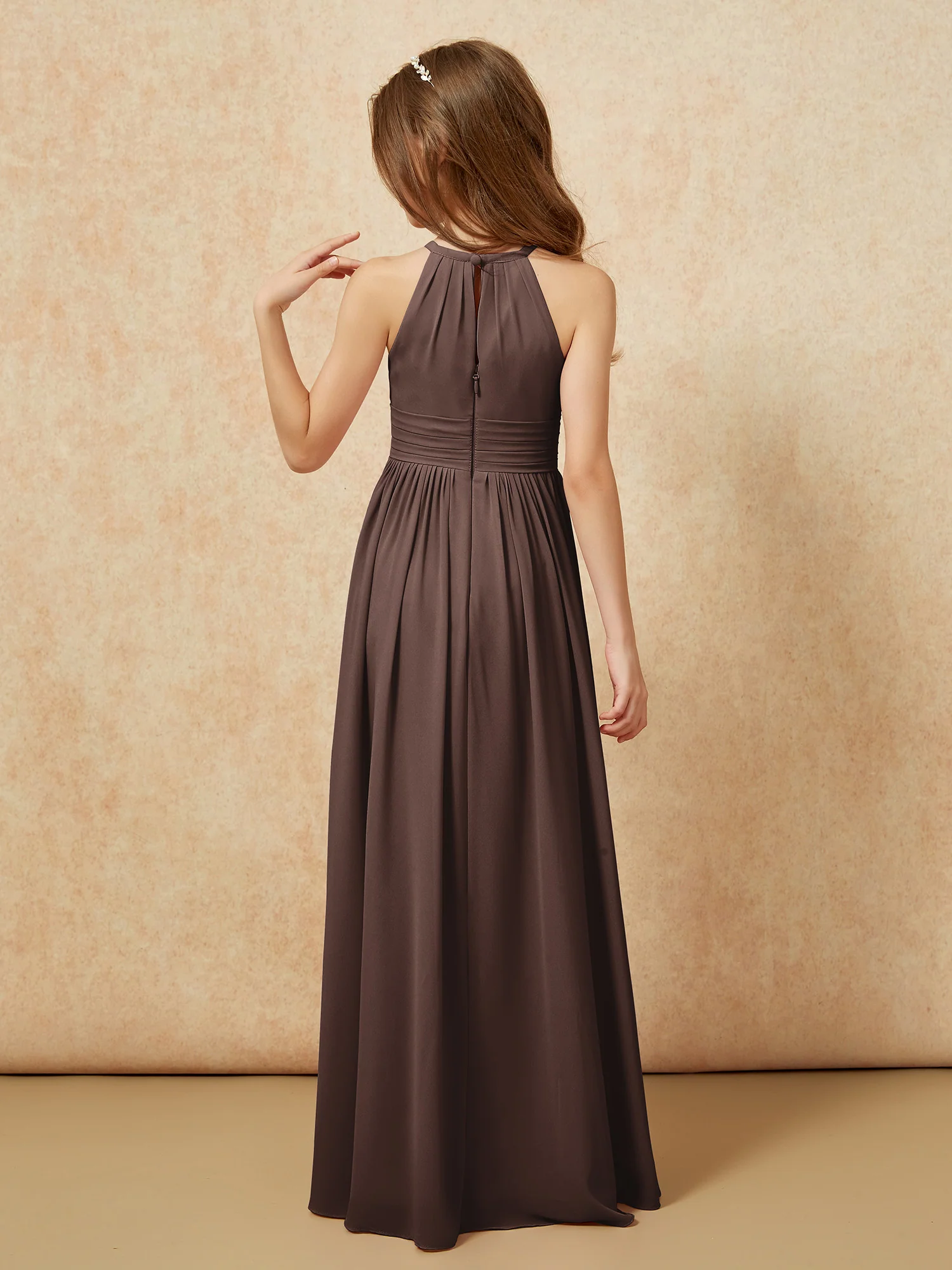 Halter Sleeveless Long Chiffon Junior Bridesmaid Dress Chocolate - Image 2