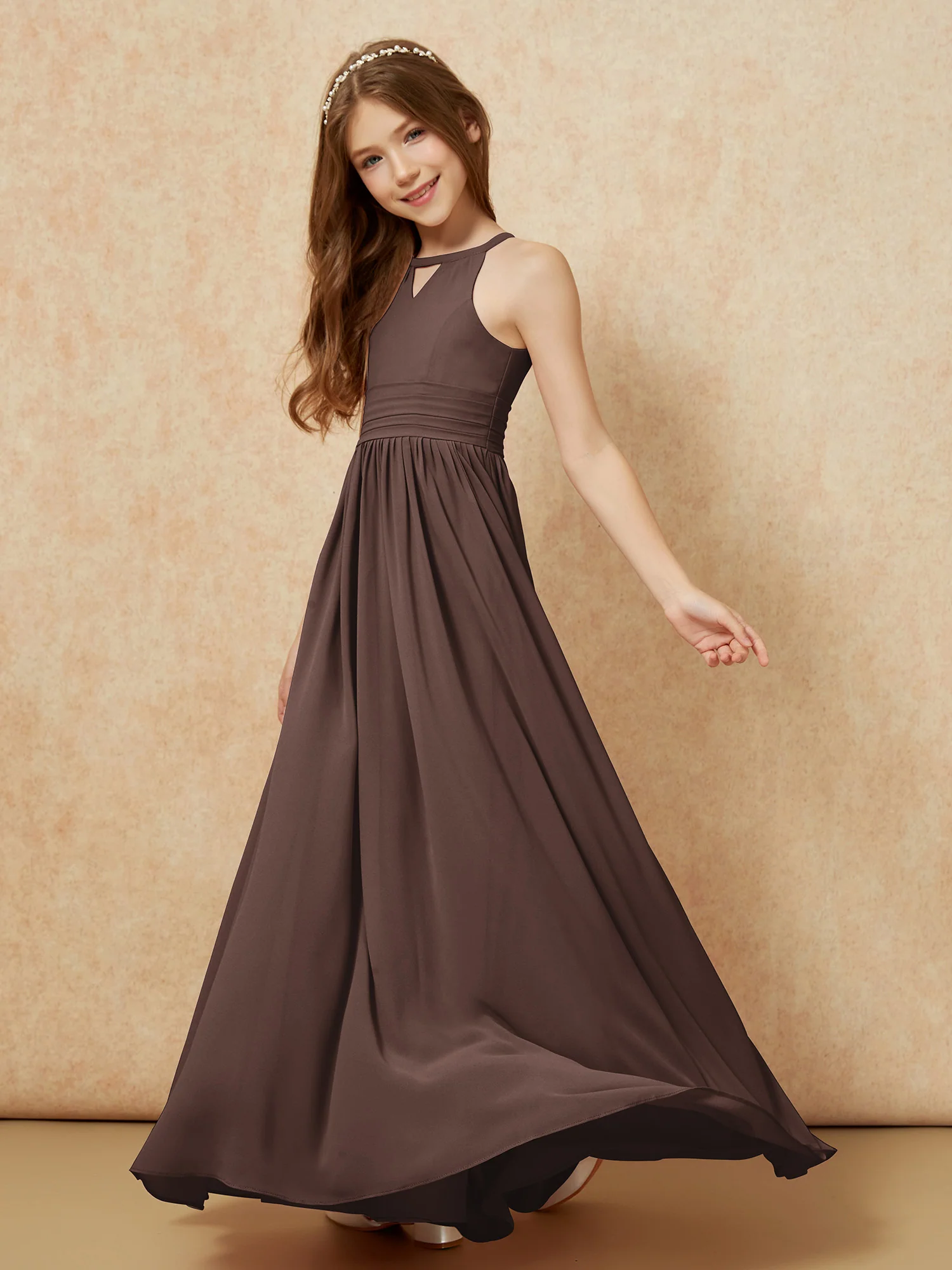 Halter Sleeveless Long Chiffon Junior Bridesmaid Dress Chocolate - Image 3
