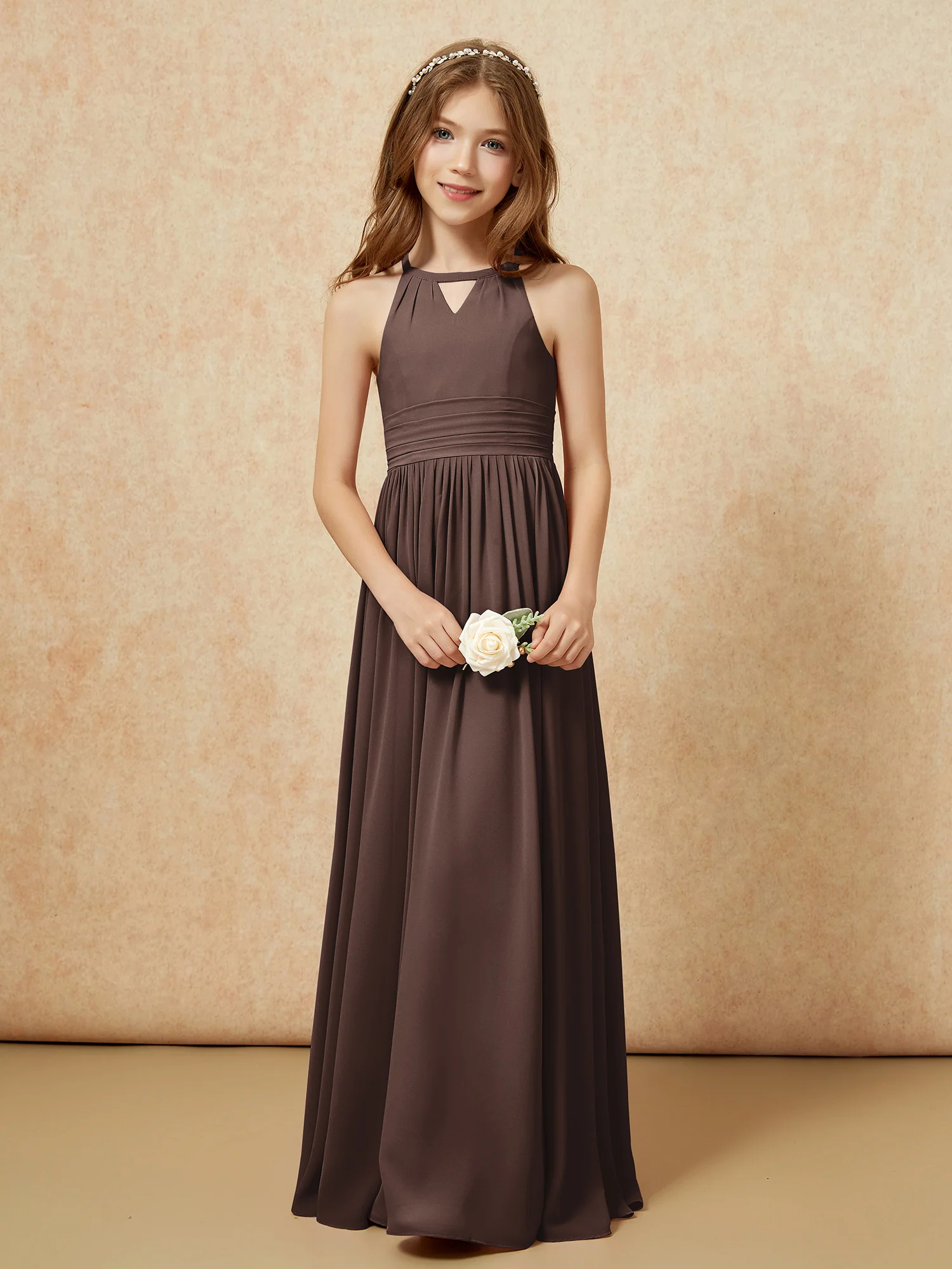 Halter Sleeveless Long Chiffon Junior Bridesmaid Dress Chocolate - Image 5