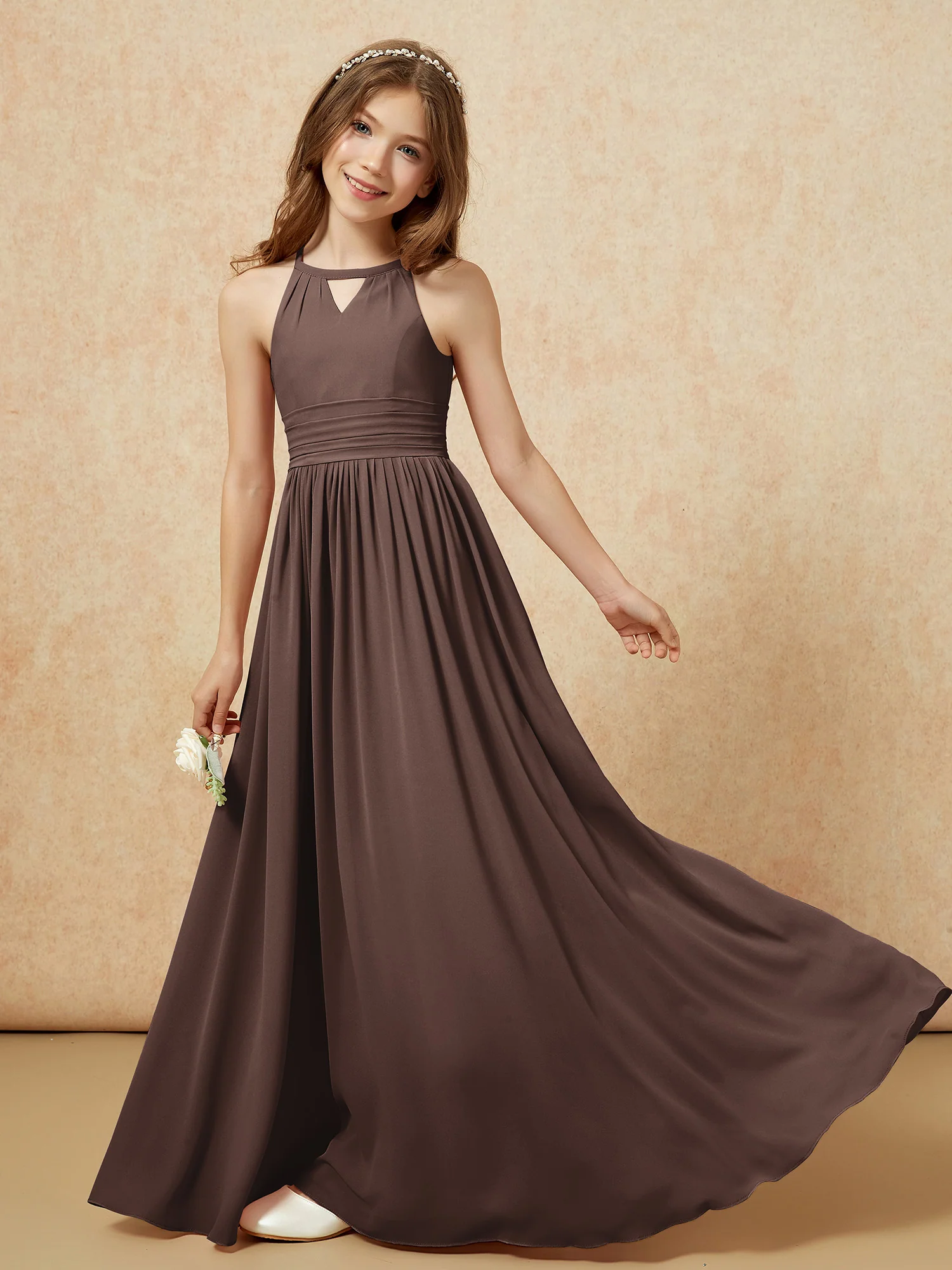 Halter Sleeveless Long Chiffon Junior Bridesmaid Dress Chocolate - Image 6