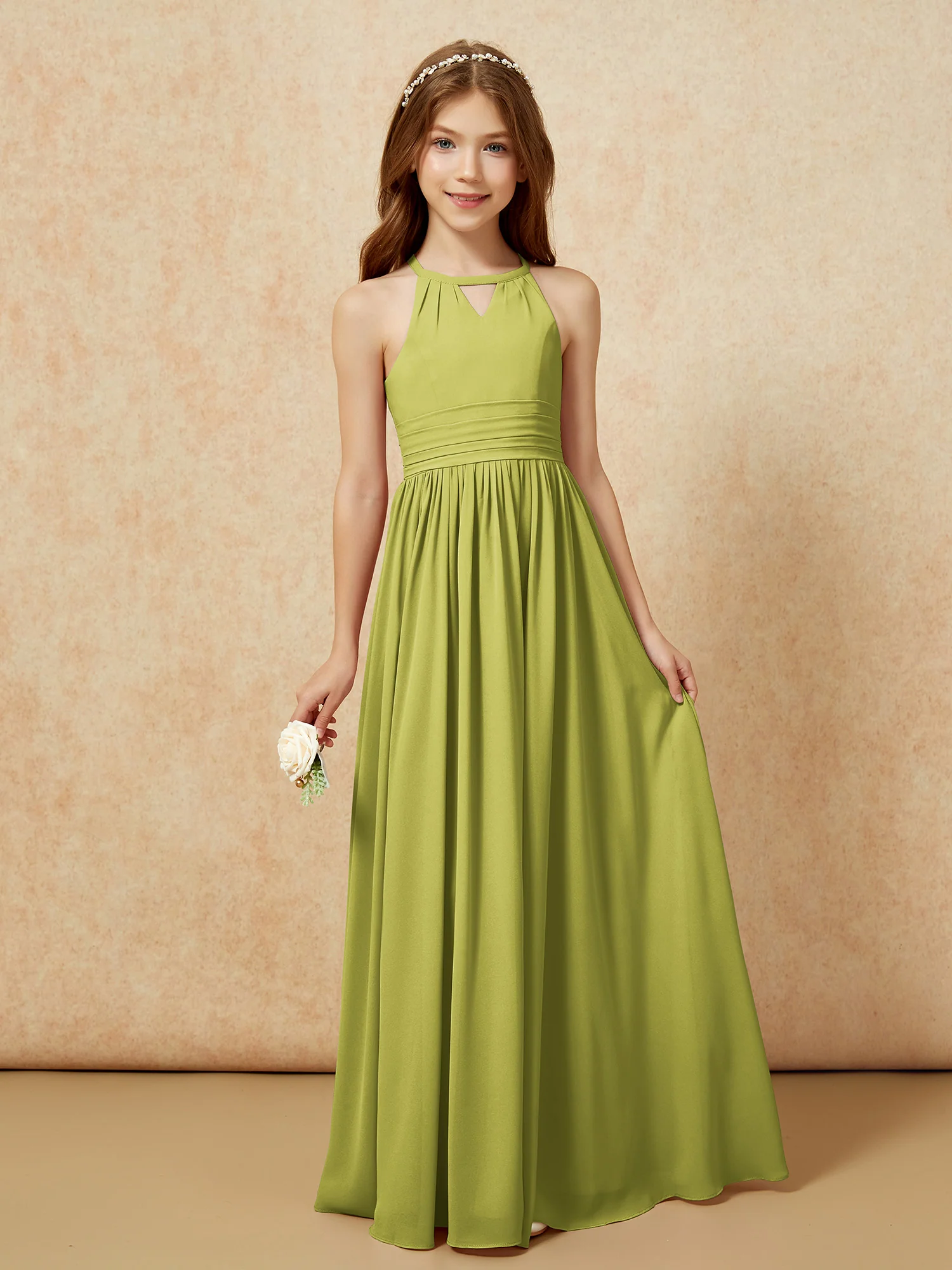 Halter Sleeveless Long Chiffon Junior Bridesmaid Dress Clover