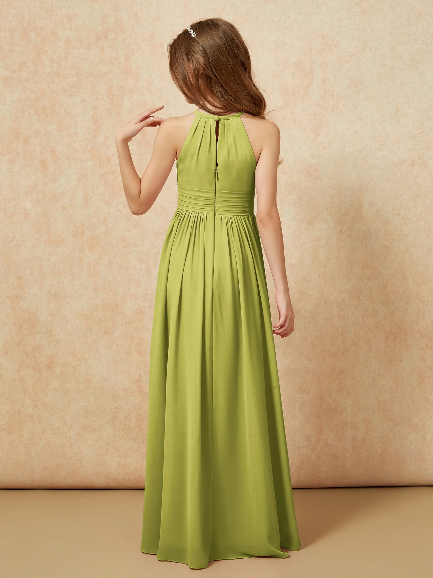 Halter Sleeveless Long Chiffon Junior Bridesmaid Dress Clover - Image 2