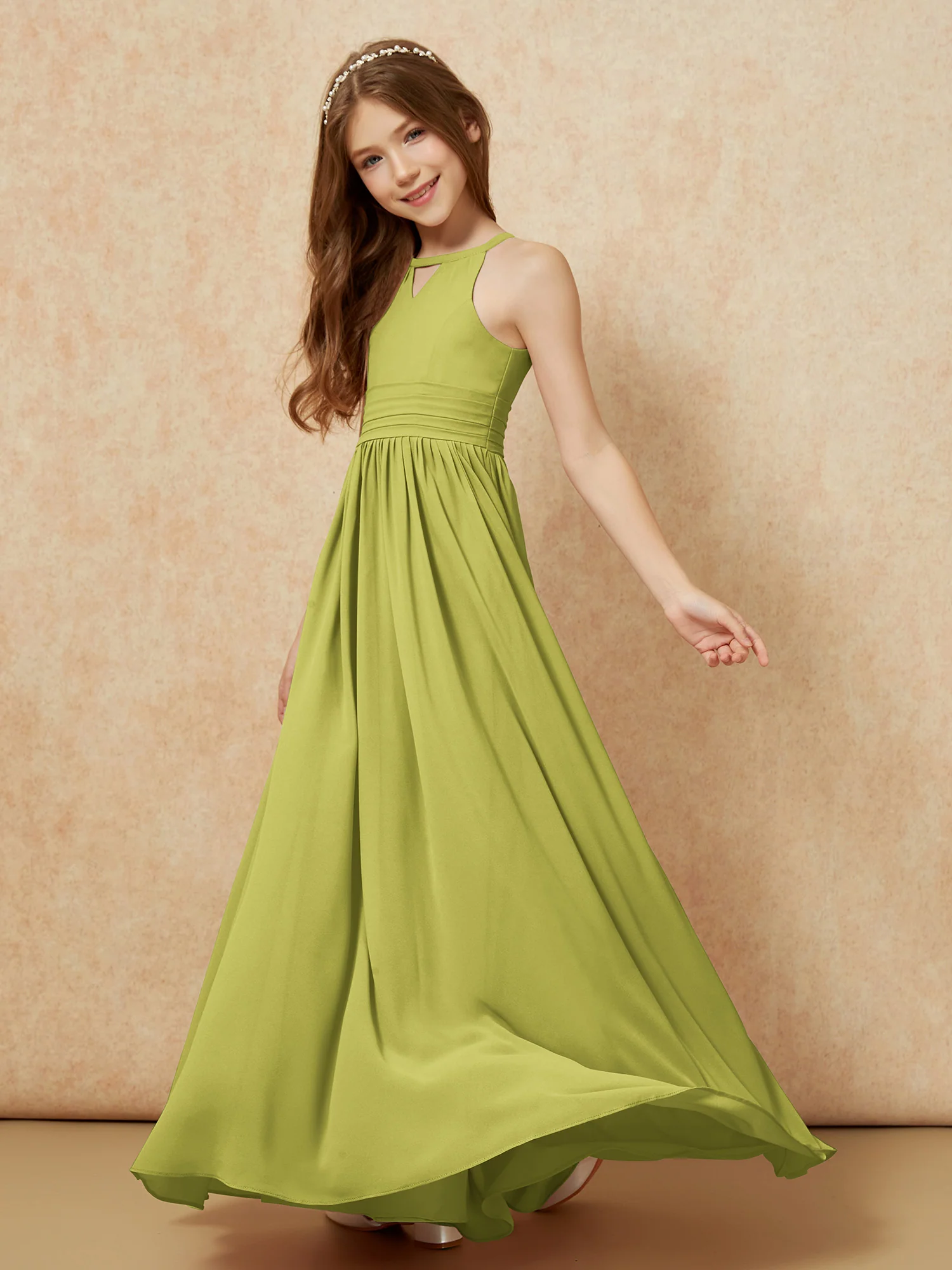 Halter Sleeveless Long Chiffon Junior Bridesmaid Dress Clover - Image 3