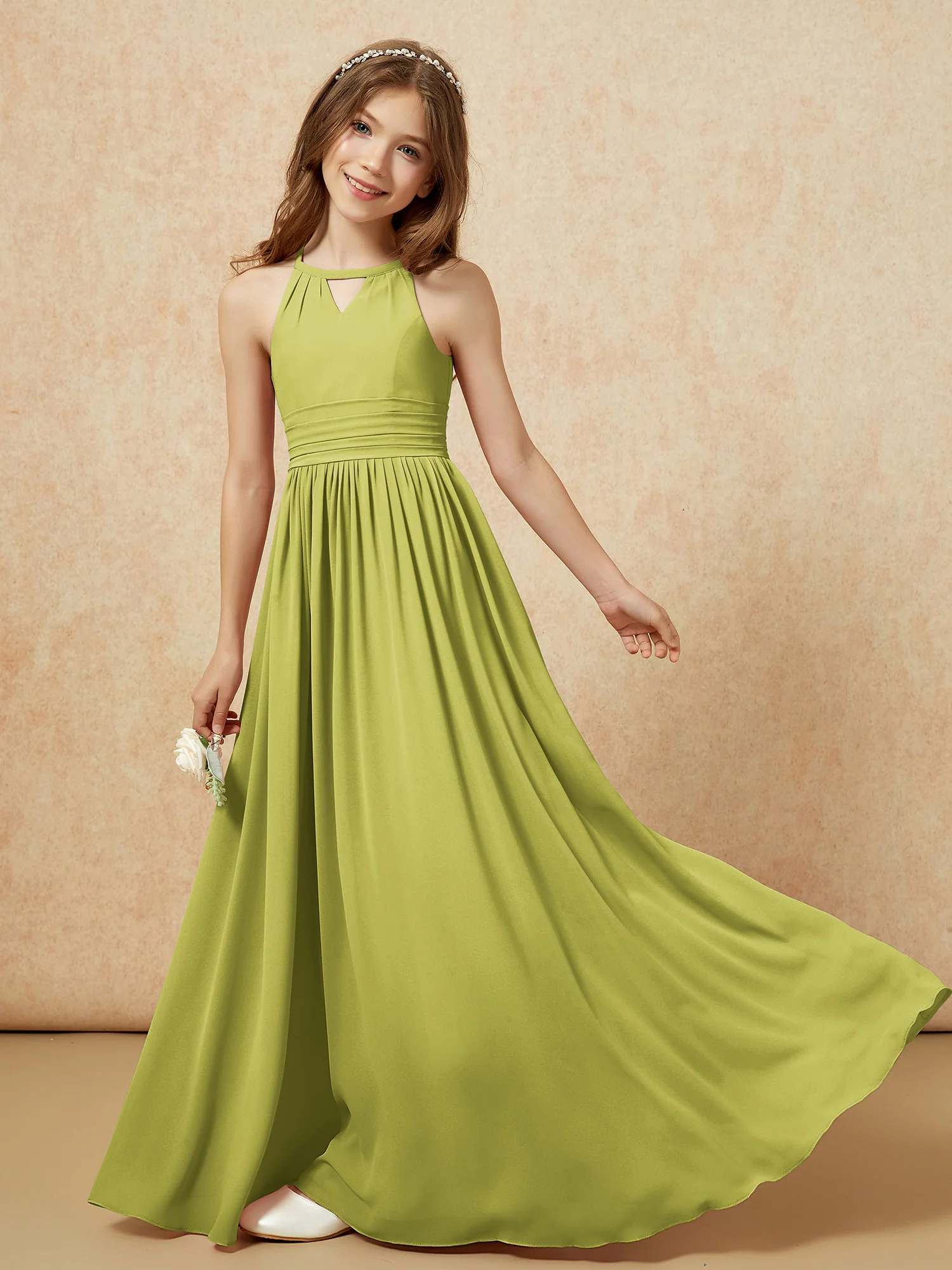 Halter Sleeveless Long Chiffon Junior Bridesmaid Dress Clover - Image 6