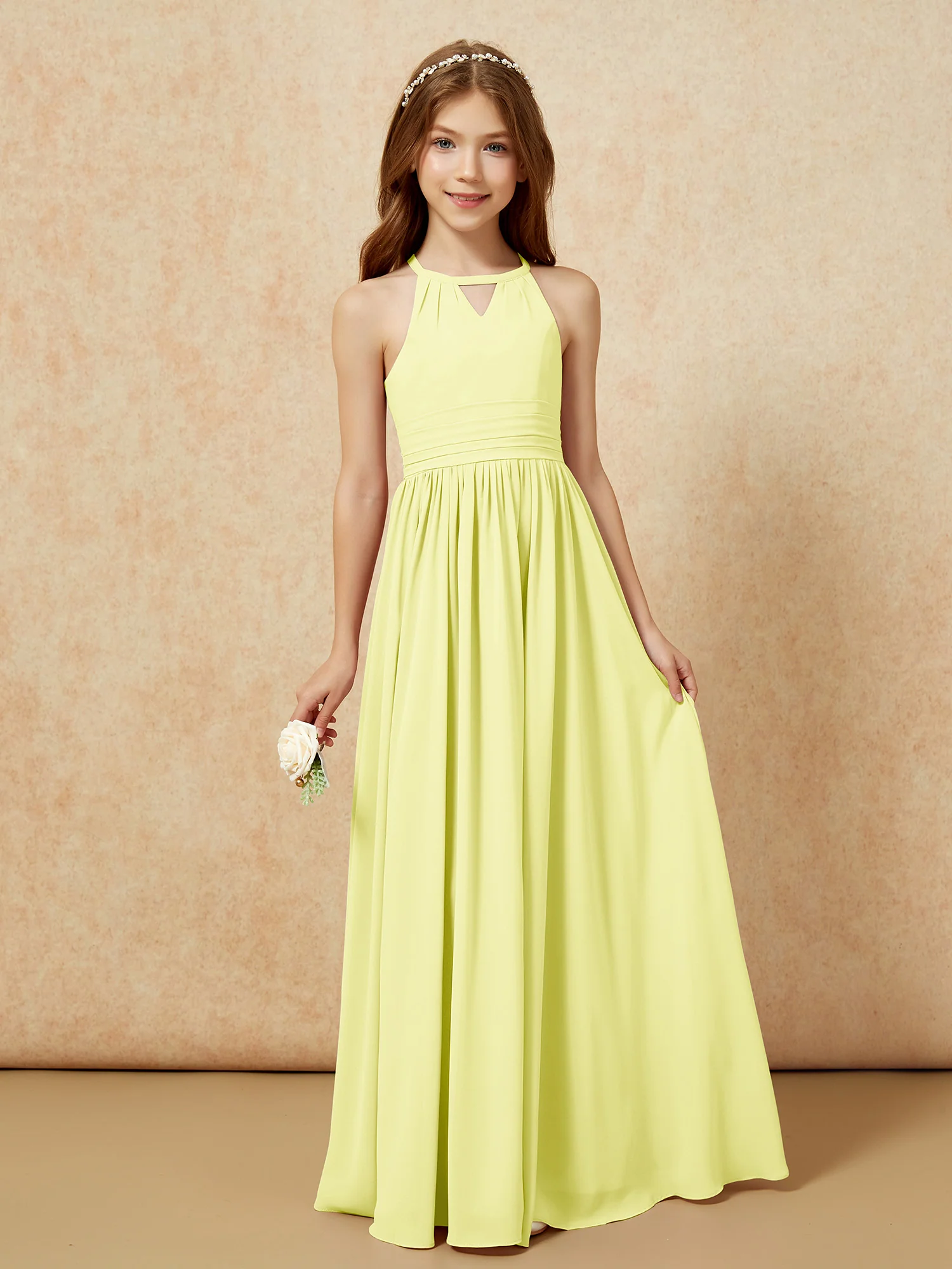 Halter Sleeveless Long Chiffon Junior Bridesmaid Dress Daffodil