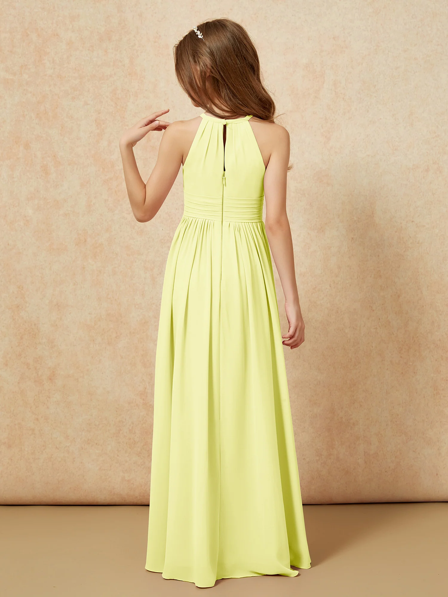 Halter Sleeveless Long Chiffon Junior Bridesmaid Dress Daffodil - Image 2