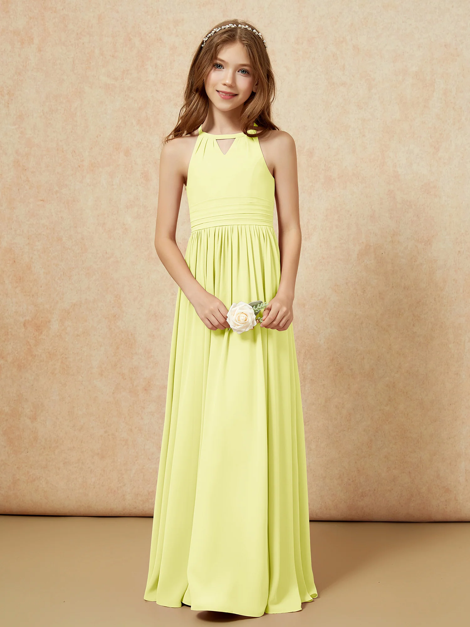 Halter Sleeveless Long Chiffon Junior Bridesmaid Dress Daffodil - Image 5