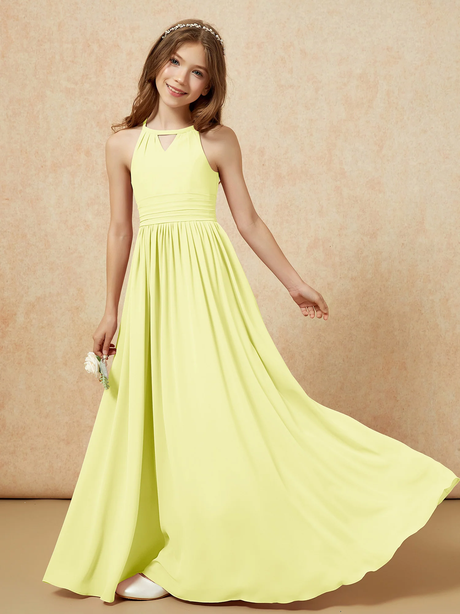 Halter Sleeveless Long Chiffon Junior Bridesmaid Dress Daffodil - Image 6