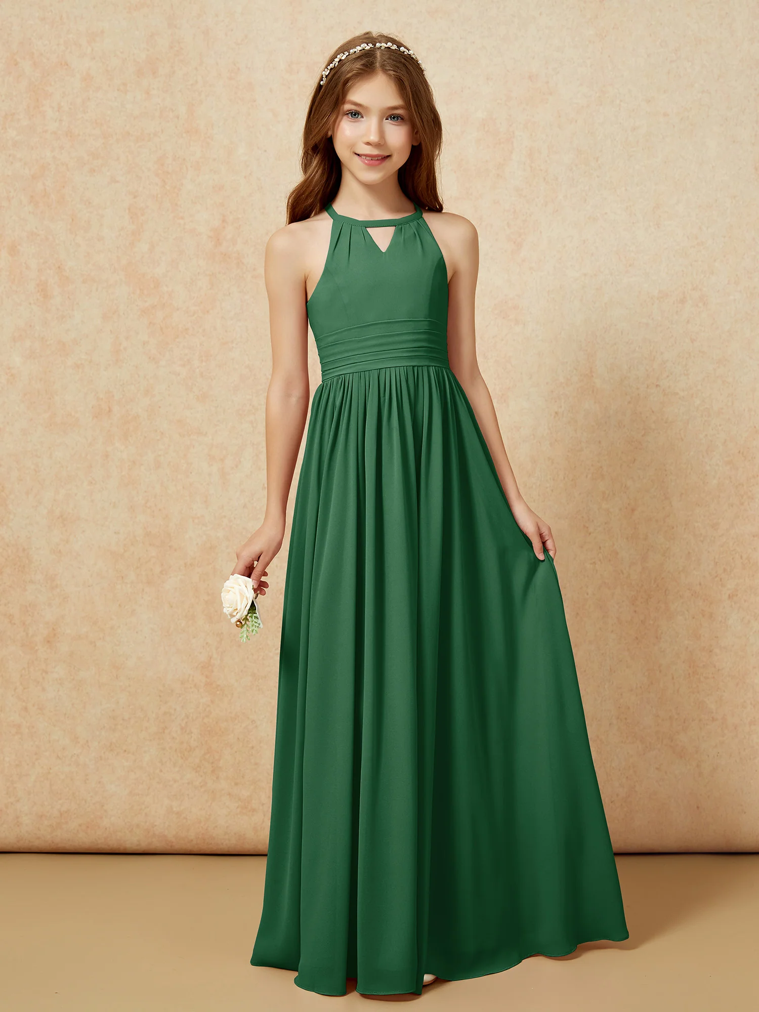 Halter Sleeveless Long Chiffon Junior Bridesmaid Dress Dark Green