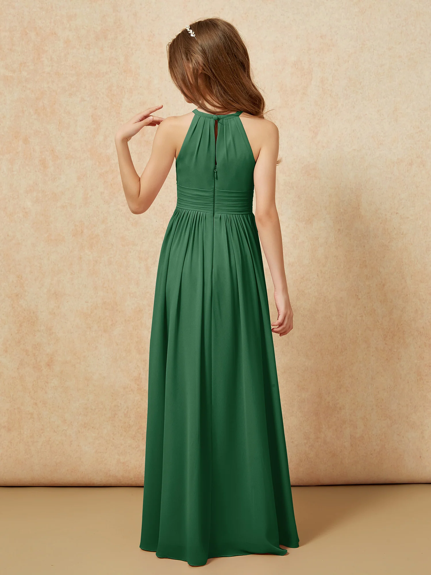 Halter Sleeveless Long Chiffon Junior Bridesmaid Dress Dark Green - Image 2
