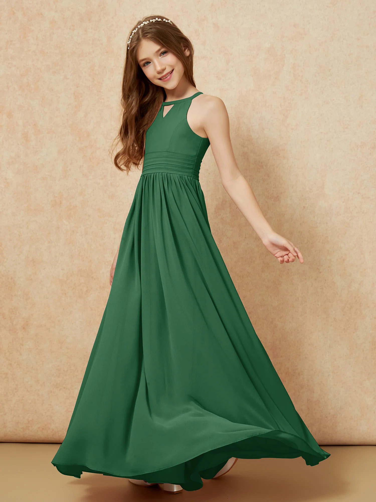 Halter Sleeveless Long Chiffon Junior Bridesmaid Dress Dark Green - Image 3