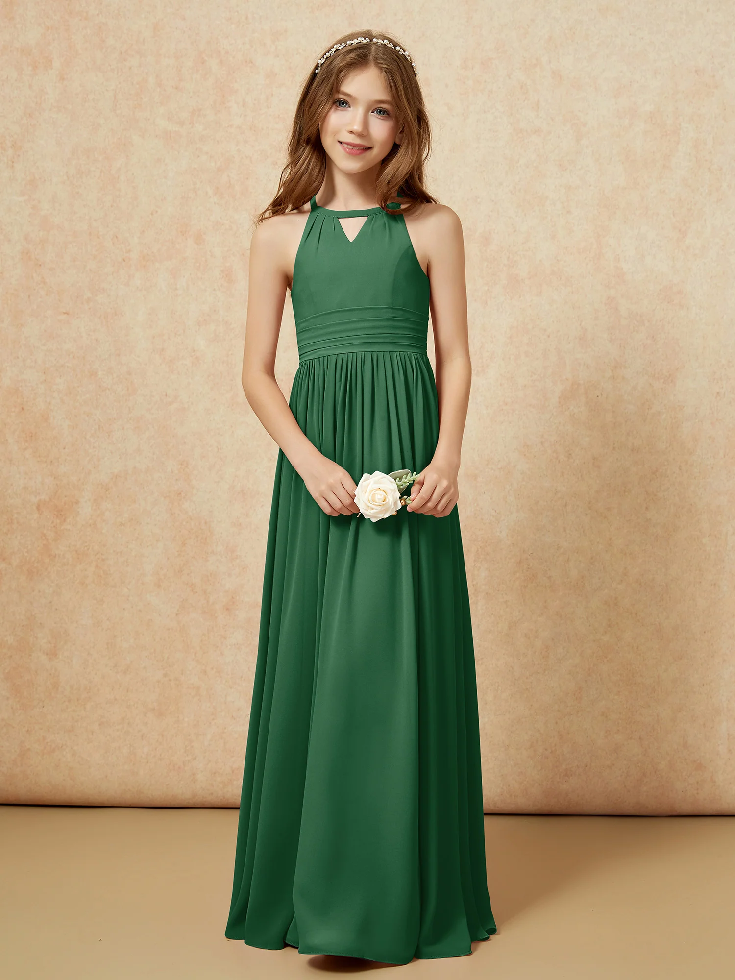 Halter Sleeveless Long Chiffon Junior Bridesmaid Dress Dark Green - Image 5