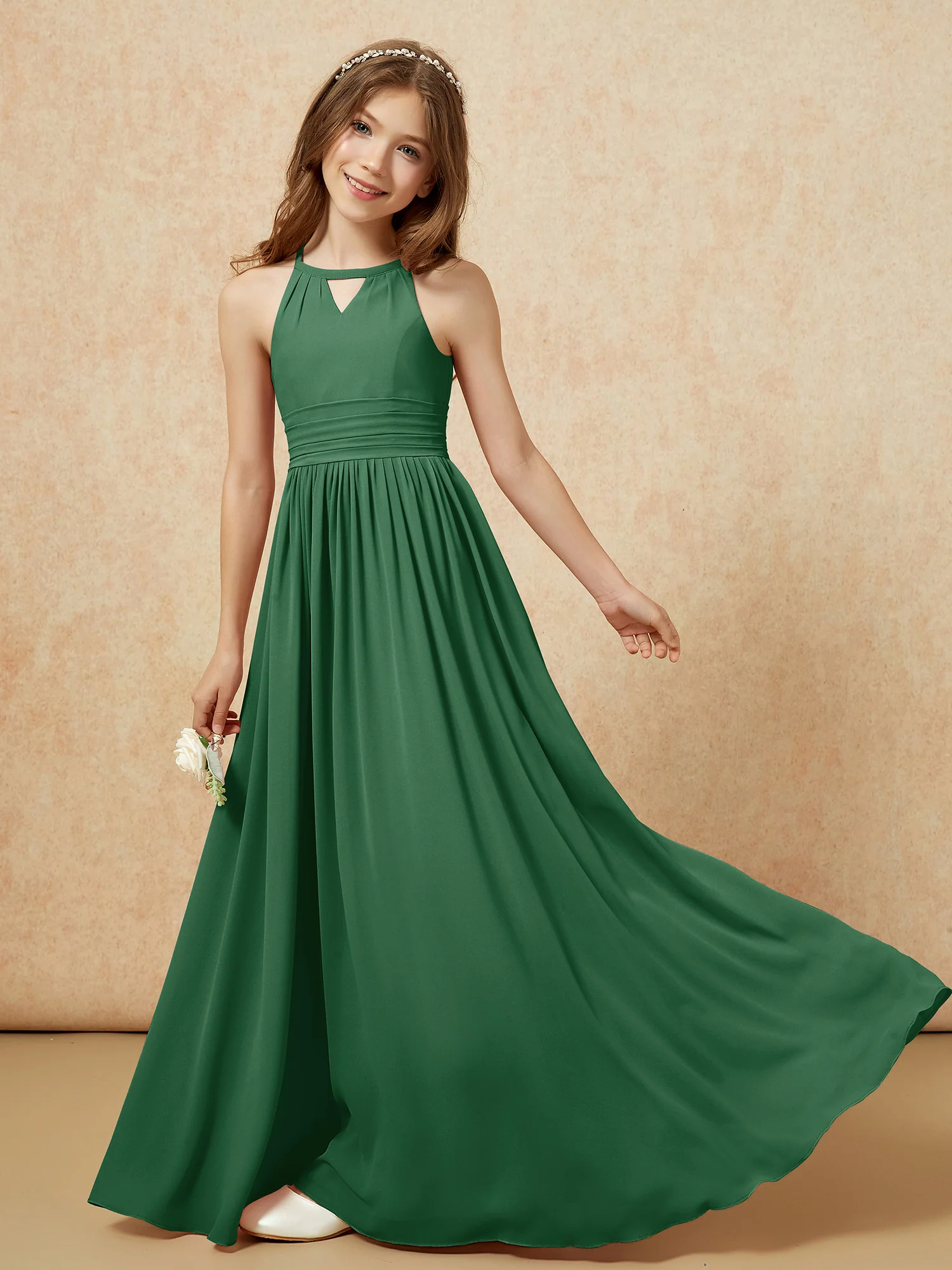 Halter Sleeveless Long Chiffon Junior Bridesmaid Dress Dark Green - Image 6