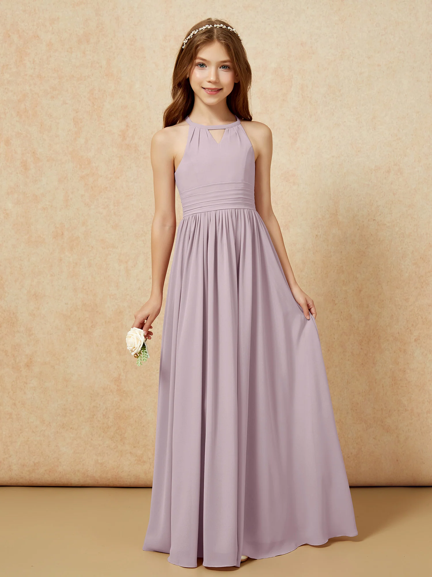 Halter Sleeveless Long Chiffon Junior Bridesmaid Dress Dusk