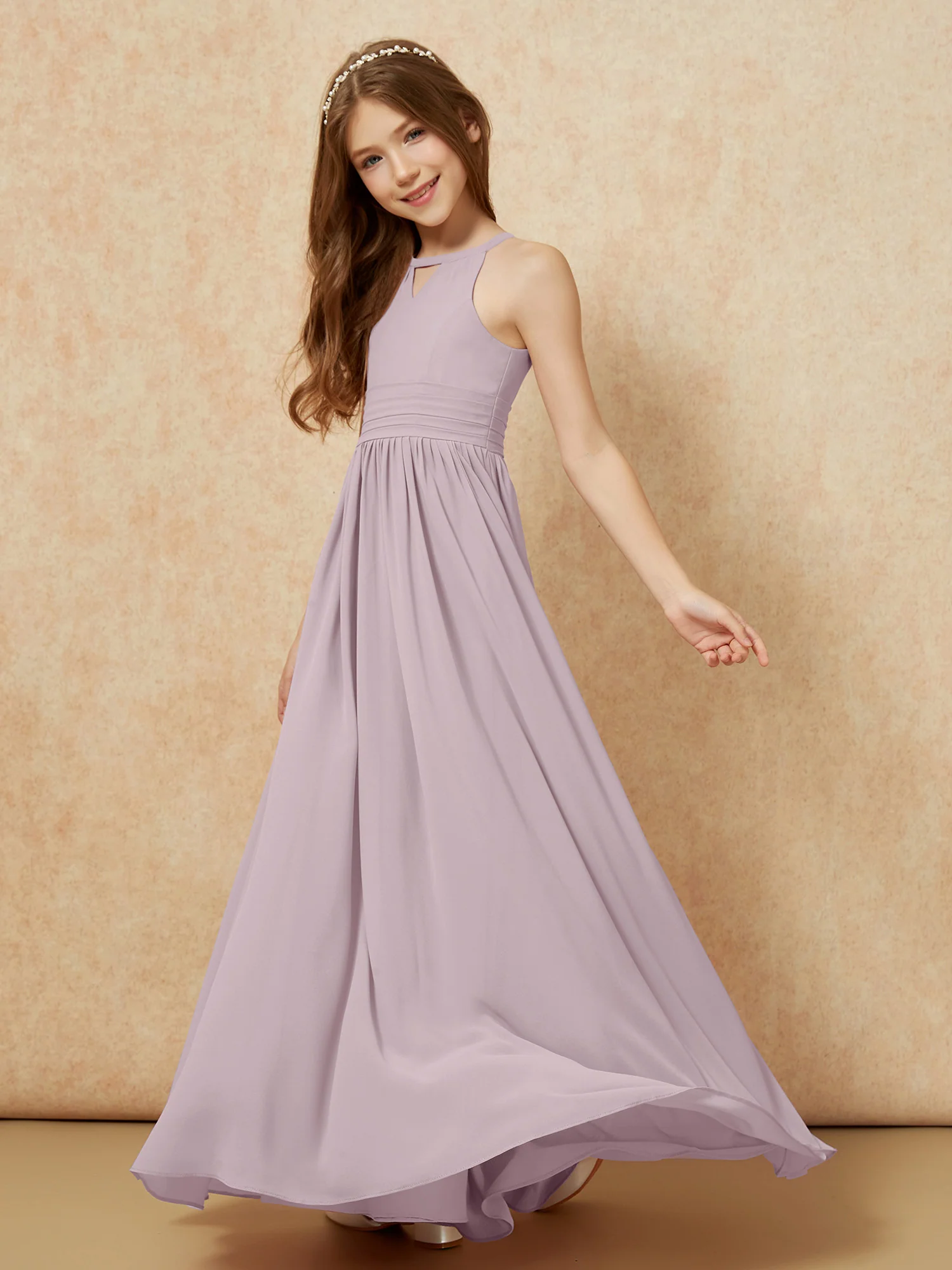 Halter Sleeveless Long Chiffon Junior Bridesmaid Dress Dusk - Image 3