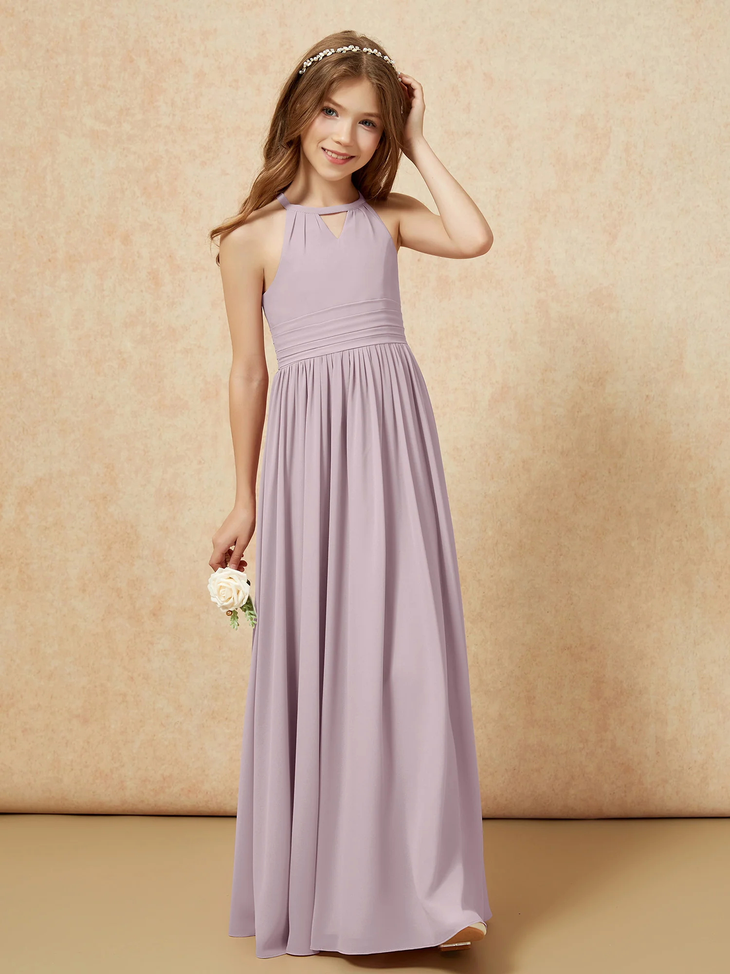 Halter Sleeveless Long Chiffon Junior Bridesmaid Dress Dusk - Image 4