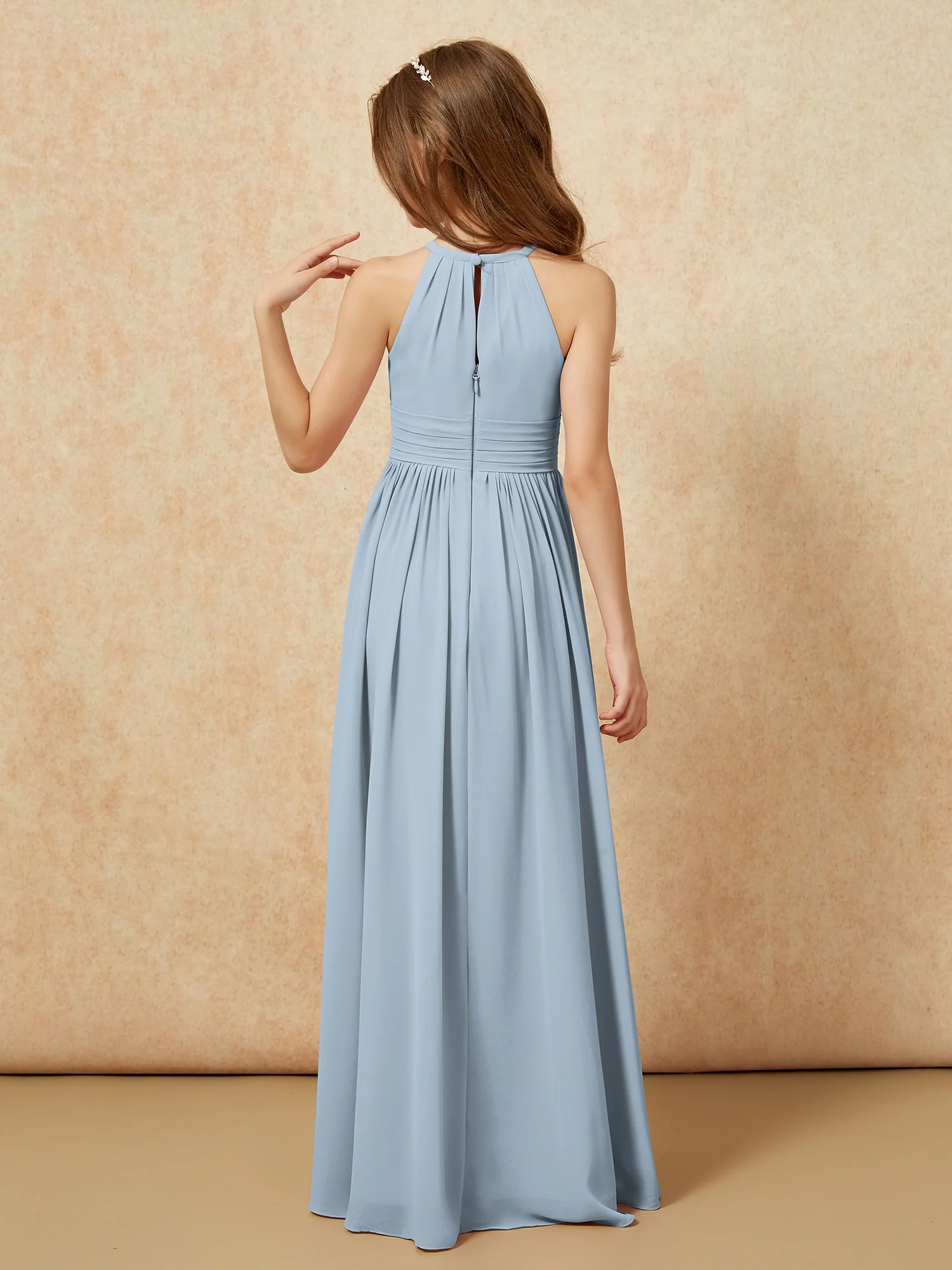 Halter Sleeveless Long Chiffon Junior Bridesmaid Dress Dusty Blue - Image 2