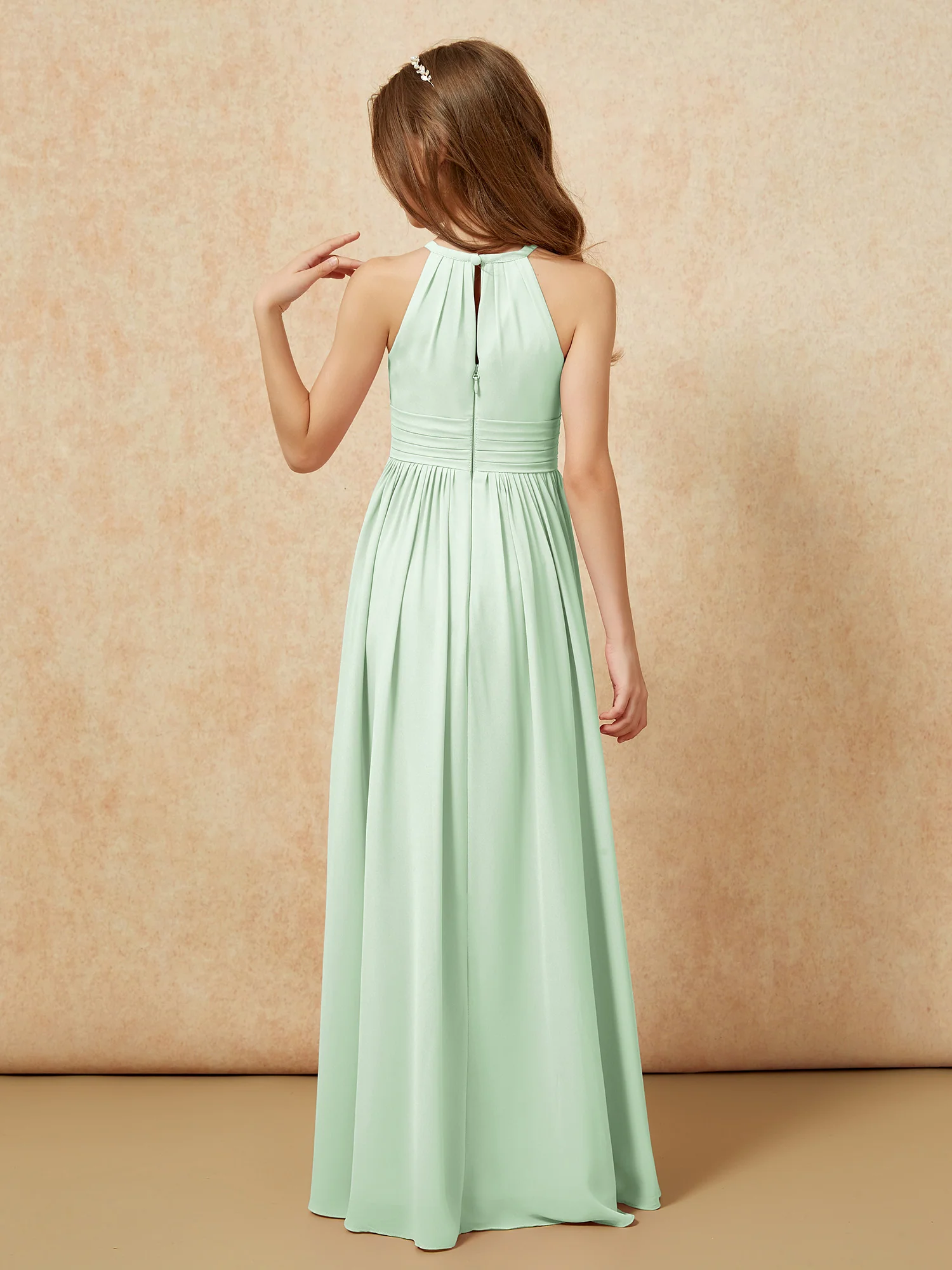 Halter Sleeveless Long Chiffon Junior Bridesmaid Dress Dusty Sage - Image 2