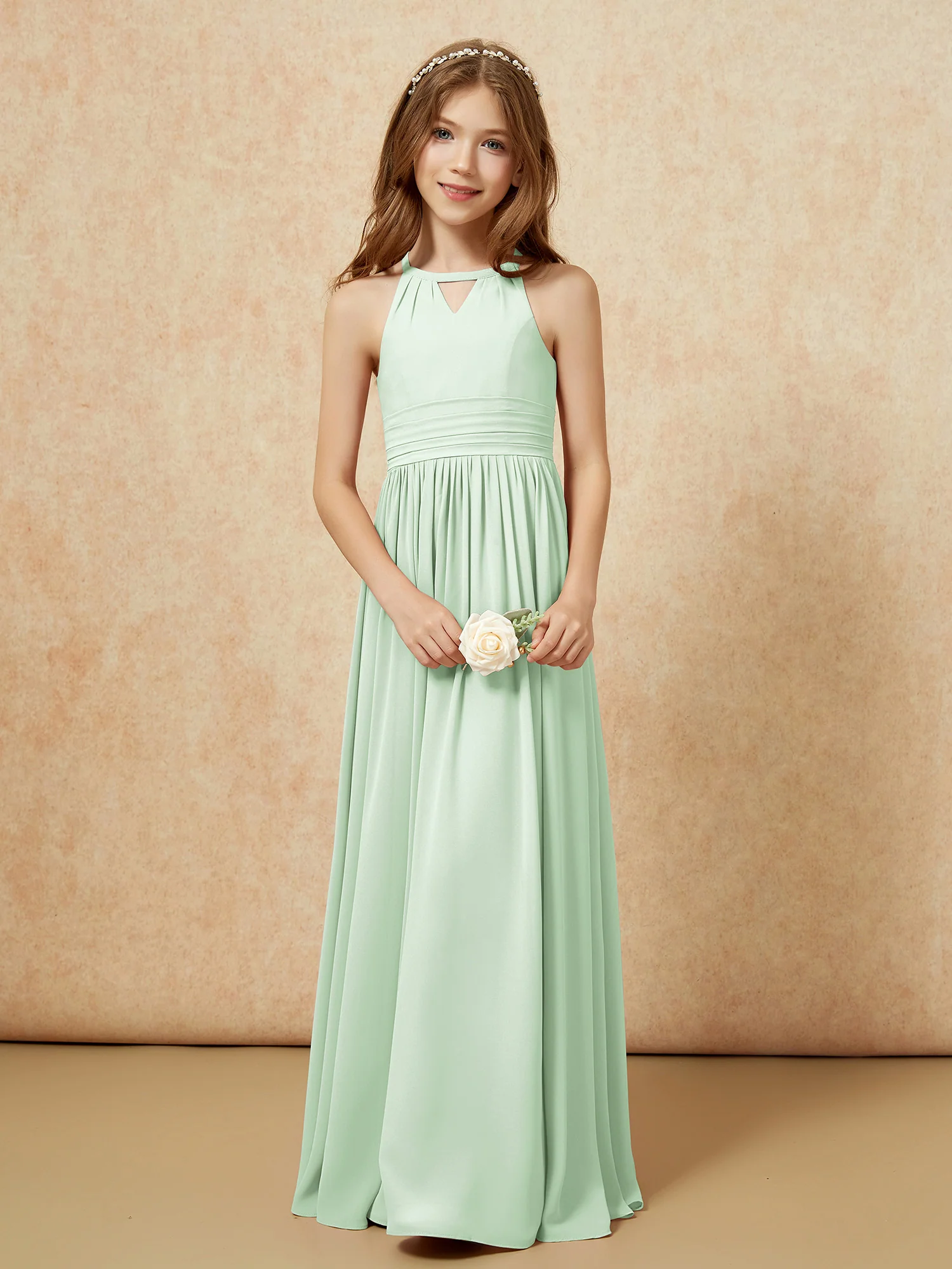 Halter Sleeveless Long Chiffon Junior Bridesmaid Dress Dusty Sage - Image 5