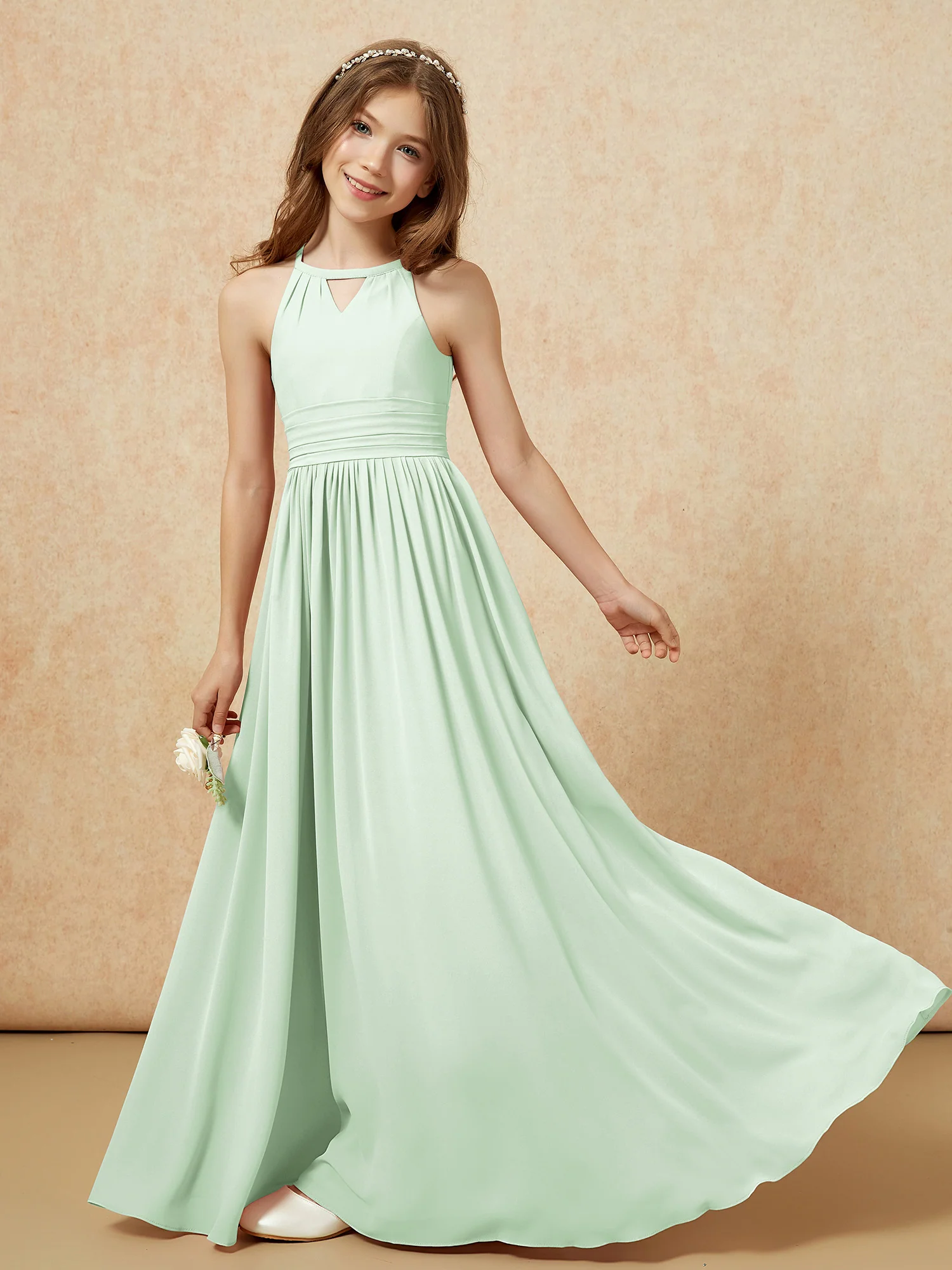 Halter Sleeveless Long Chiffon Junior Bridesmaid Dress Dusty Sage - Image 6