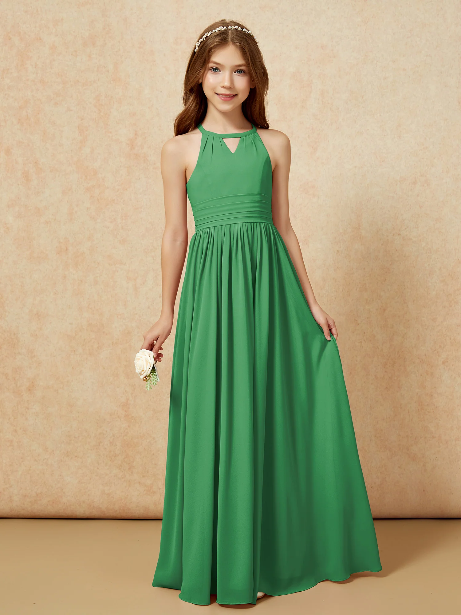 Halter Sleeveless Long Chiffon Junior Bridesmaid Dress Emerald