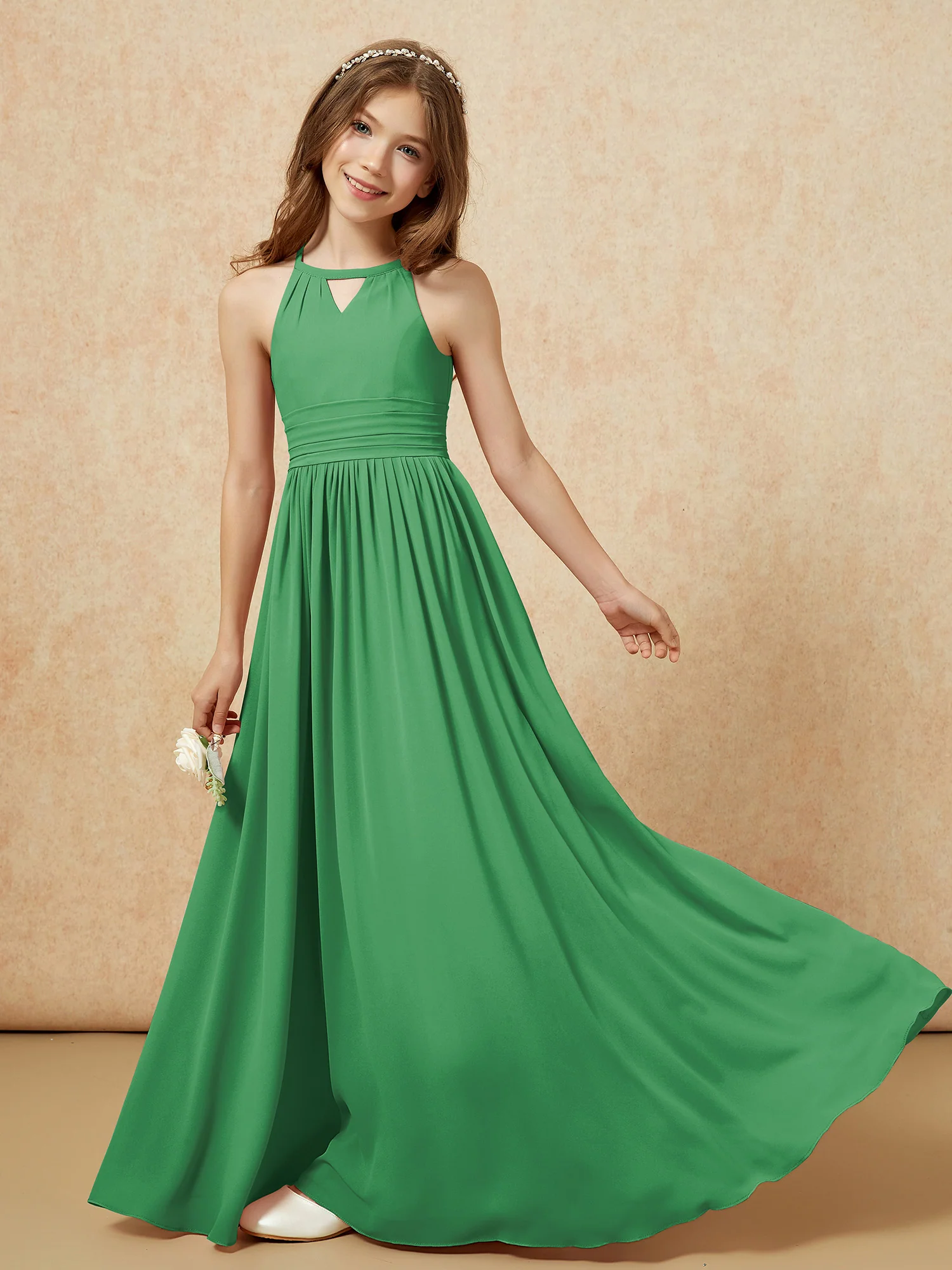 Halter Sleeveless Long Chiffon Junior Bridesmaid Dress Emerald - Image 6