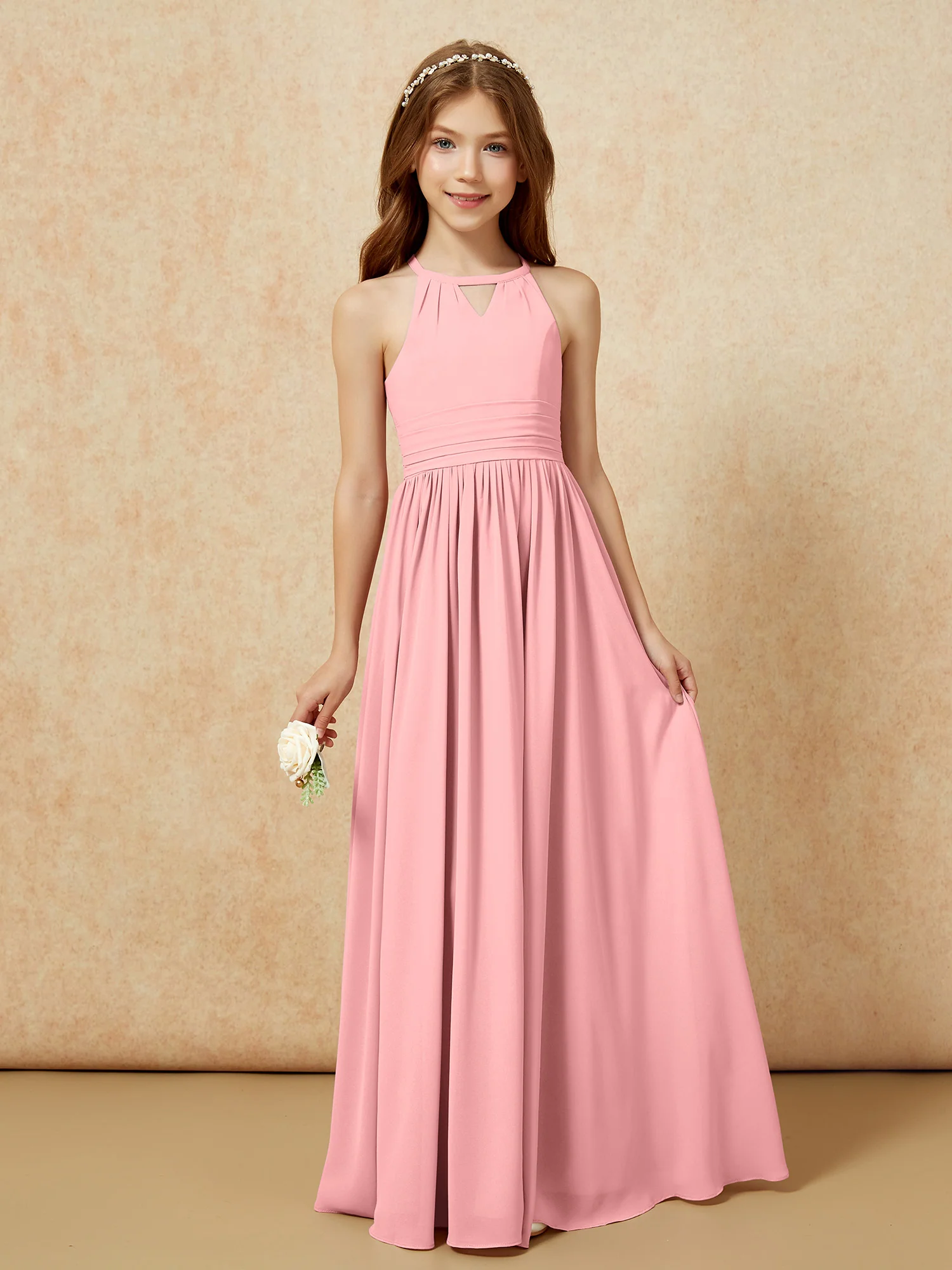 Halter Sleeveless Long Chiffon Junior Bridesmaid Dress Flamingo
