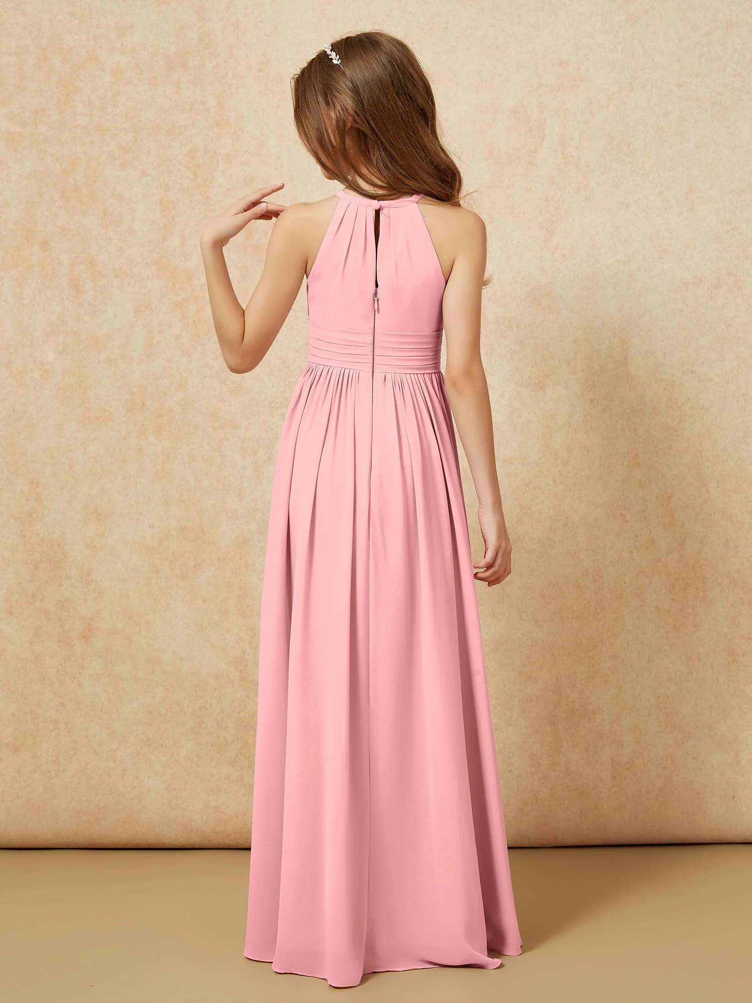 Halter Sleeveless Long Chiffon Junior Bridesmaid Dress Flamingo - Image 2