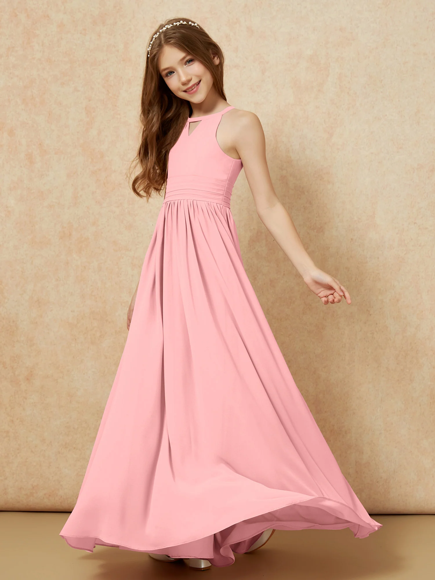 Halter Sleeveless Long Chiffon Junior Bridesmaid Dress Flamingo - Image 3