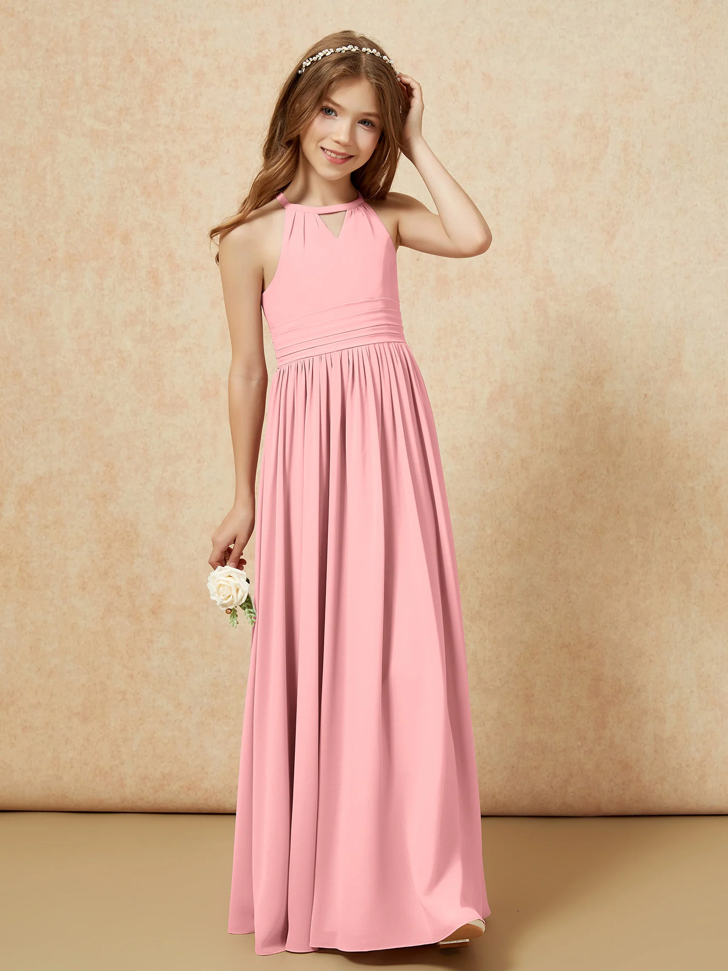 Halter Sleeveless Long Chiffon Junior Bridesmaid Dress Flamingo - Image 4