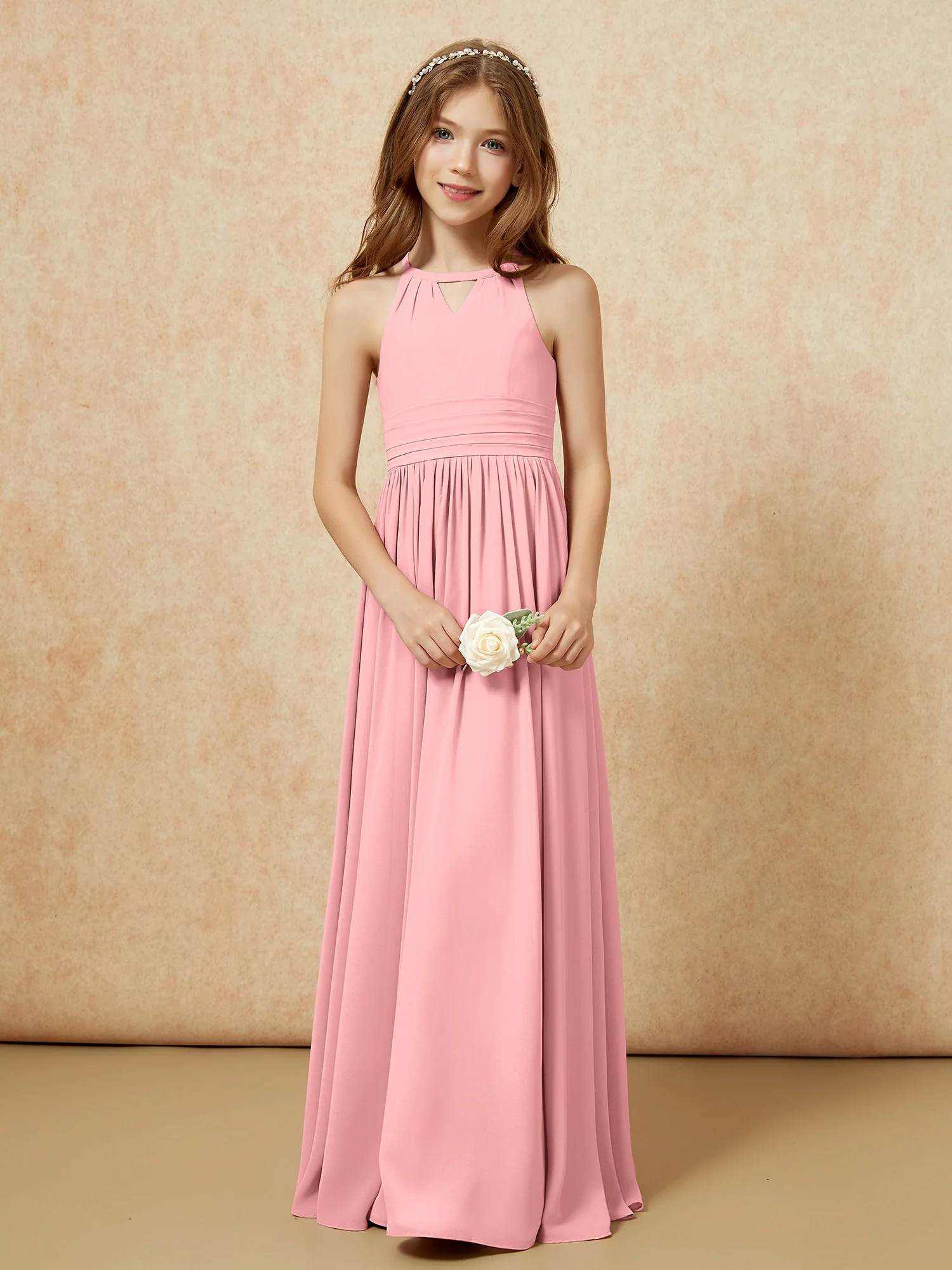 Halter Sleeveless Long Chiffon Junior Bridesmaid Dress Flamingo - Image 5