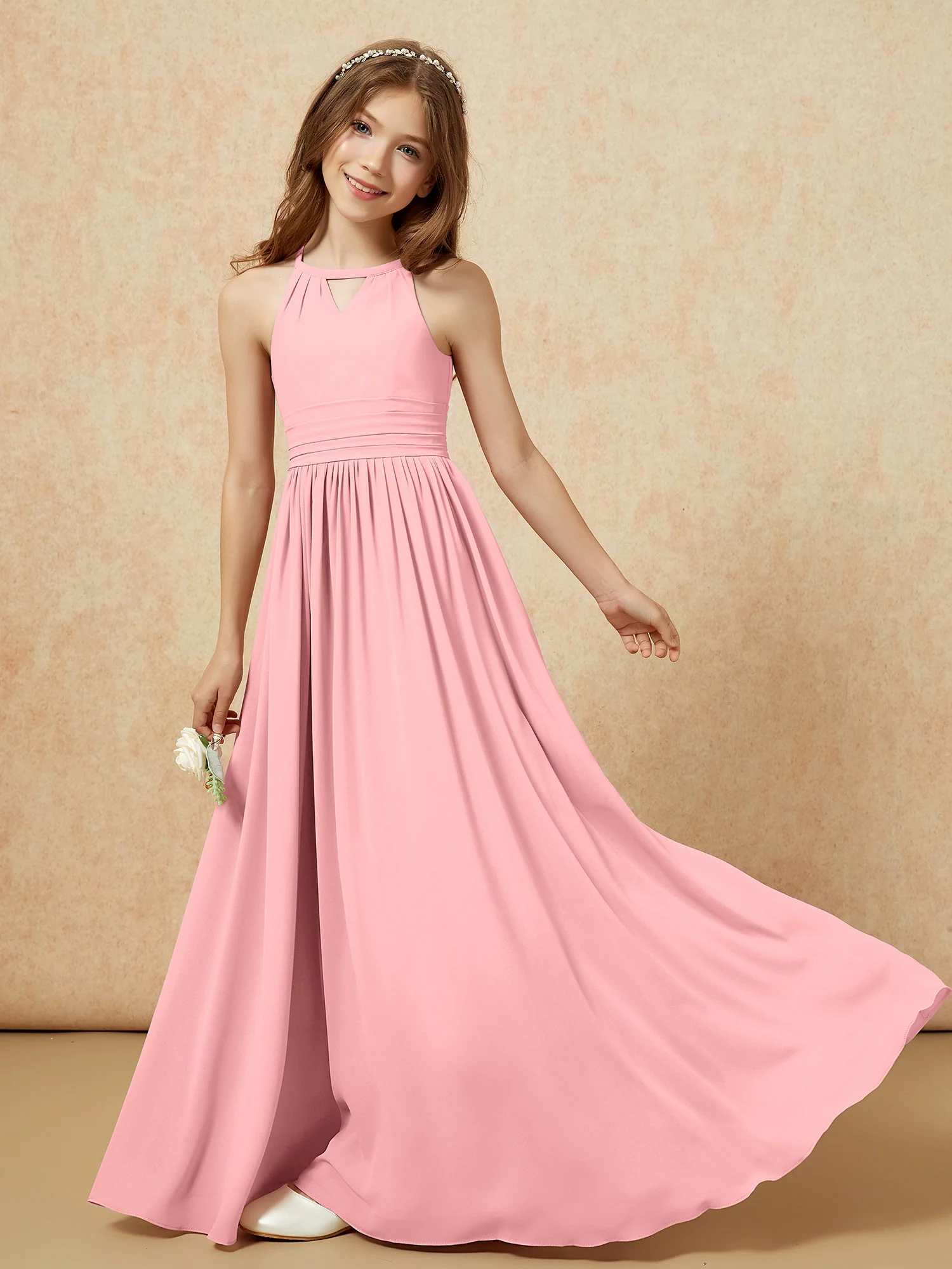 Halter Sleeveless Long Chiffon Junior Bridesmaid Dress Flamingo - Image 6