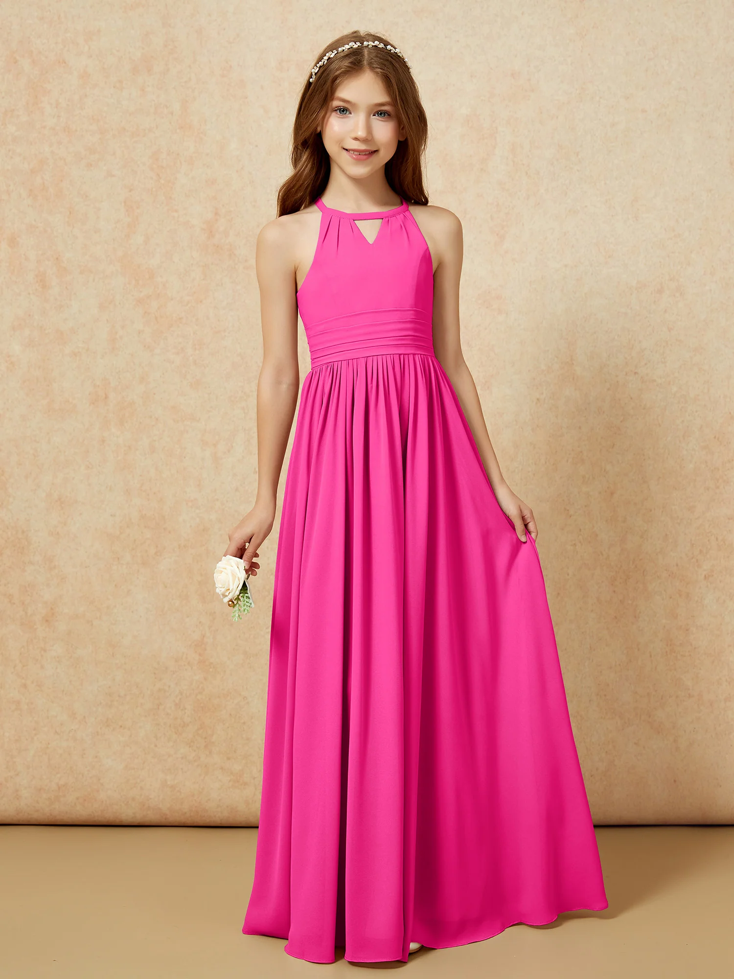 Halter Sleeveless Long Chiffon Junior Bridesmaid Dress Fuchsia