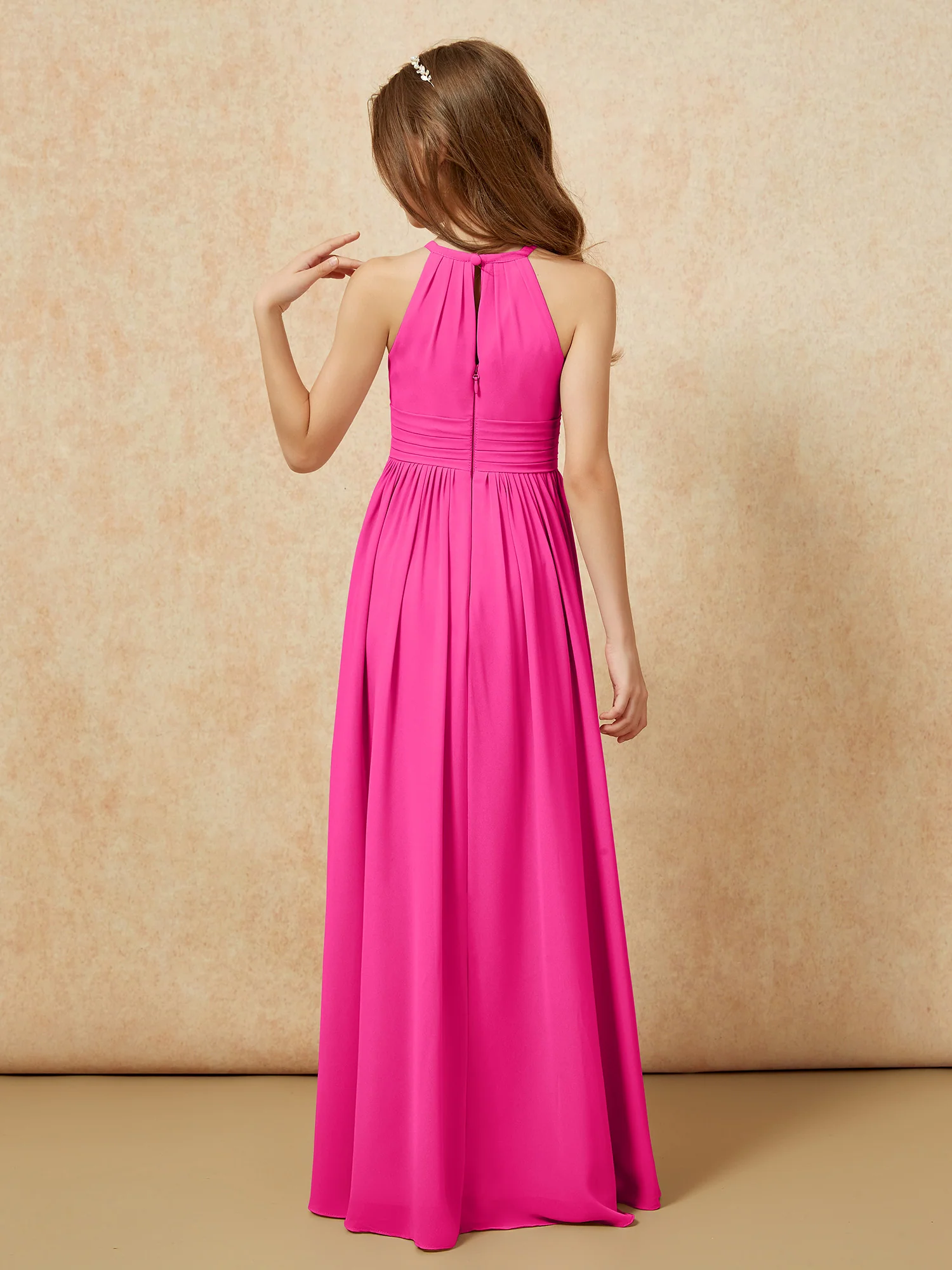 Halter Sleeveless Long Chiffon Junior Bridesmaid Dress Fuchsia - Image 2