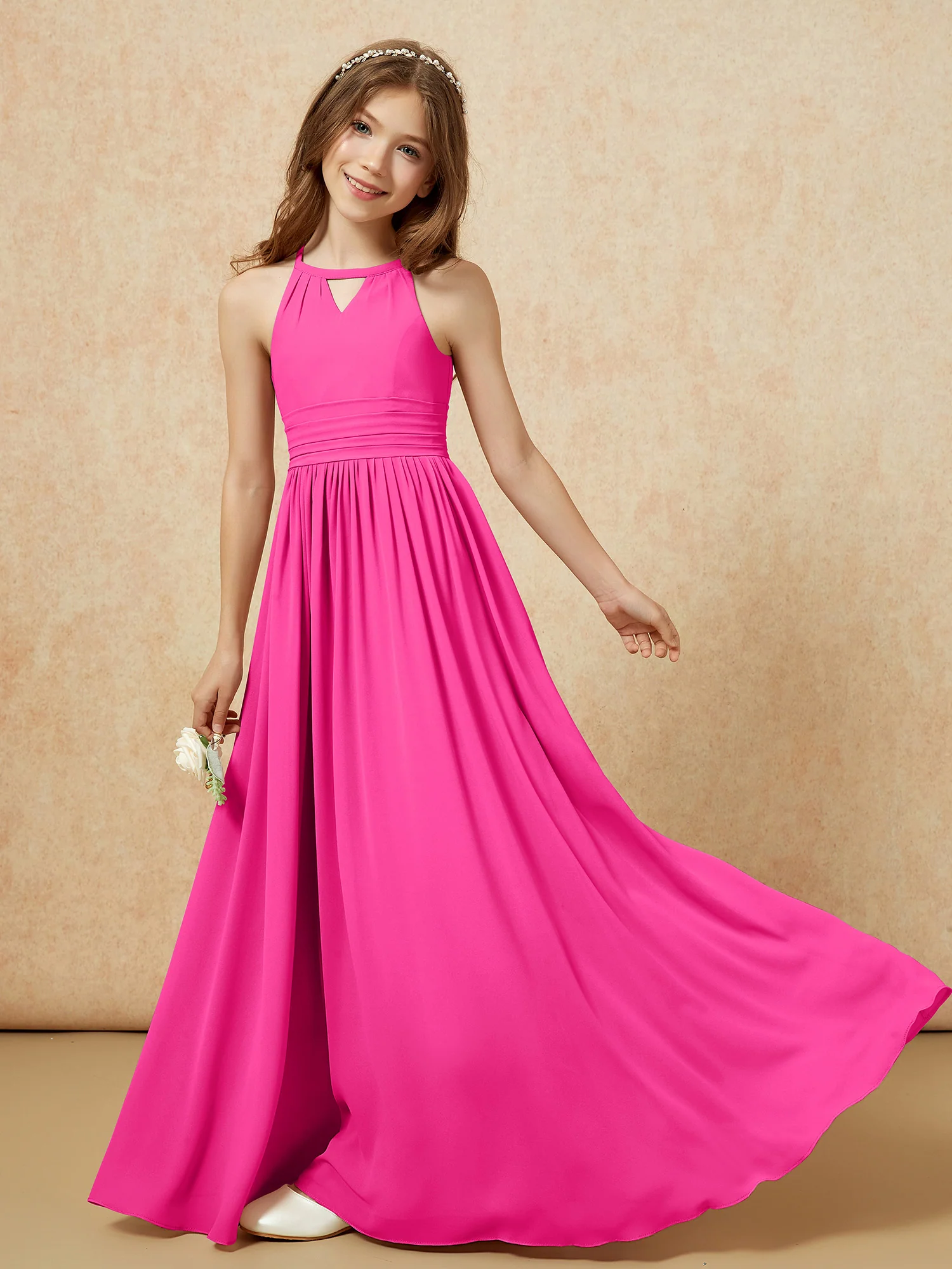Halter Sleeveless Long Chiffon Junior Bridesmaid Dress Fuchsia - Image 6
