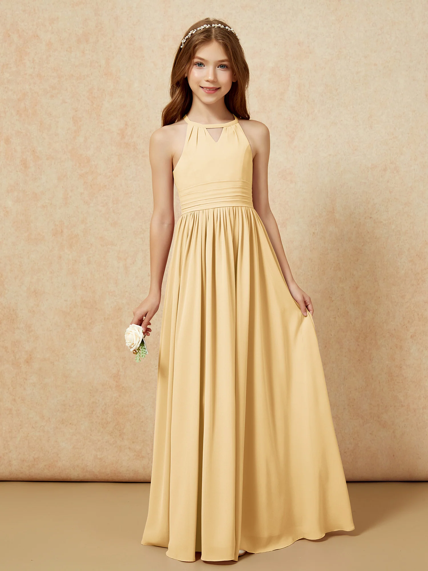 Halter Sleeveless Long Chiffon Junior Bridesmaid Dress Gold