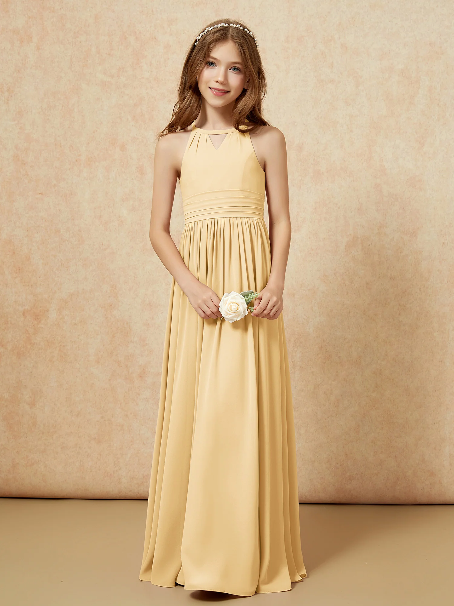 Halter Sleeveless Long Chiffon Junior Bridesmaid Dress Gold - Image 5